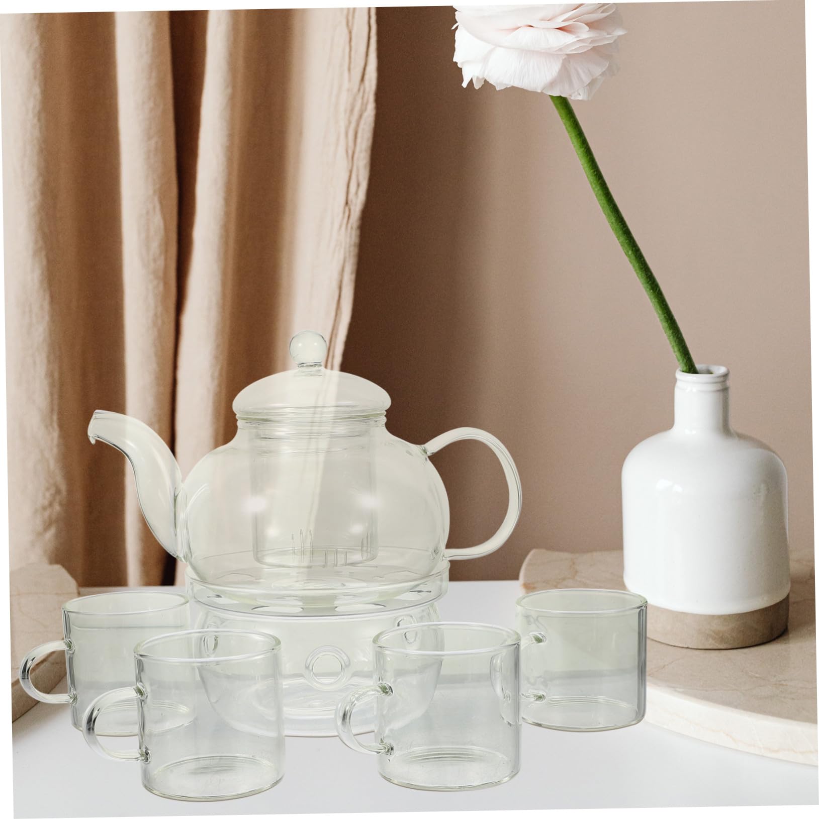 TOYANDONA Hitzebeständige Teekanne aus Glas mit Tassen und Stövchen Elegantes Teeservice für Teezeremonie Inklusive Kerzenhalter für Stilvolles Teegenuss