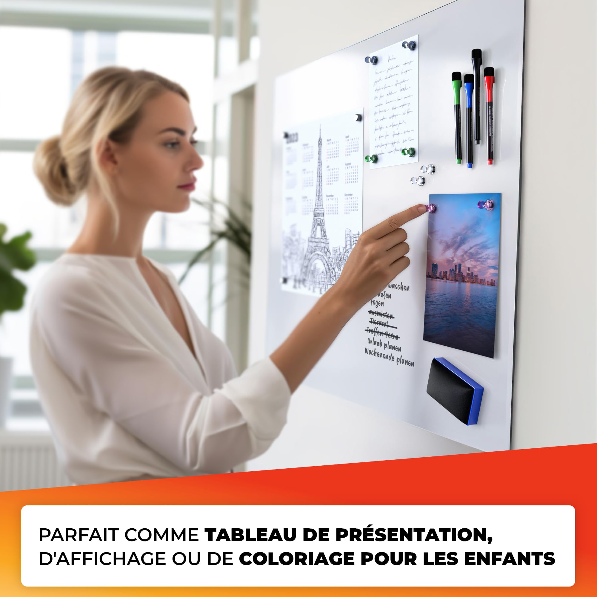 Film tableau blanc 90x120cm - Film magnétique 3M autocollant - Film tableau magnétique effaçable - Film ferro pratique blanc - Film tableau blanc y compris 4 marqueurs, grande gomme et 8 pins