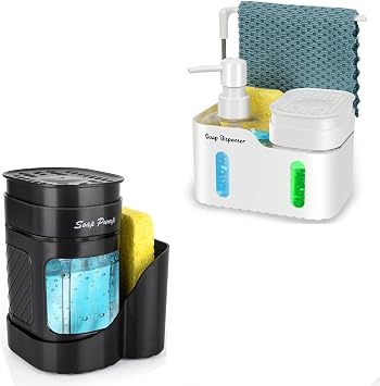 3-in-1and 4-in-1 Hand and Dish Soap Dispenser Set for Kitchen, Soap Dispenser with Sponge Holder and Dishcloth Holder for Kitchen Sink Countertop Black+White