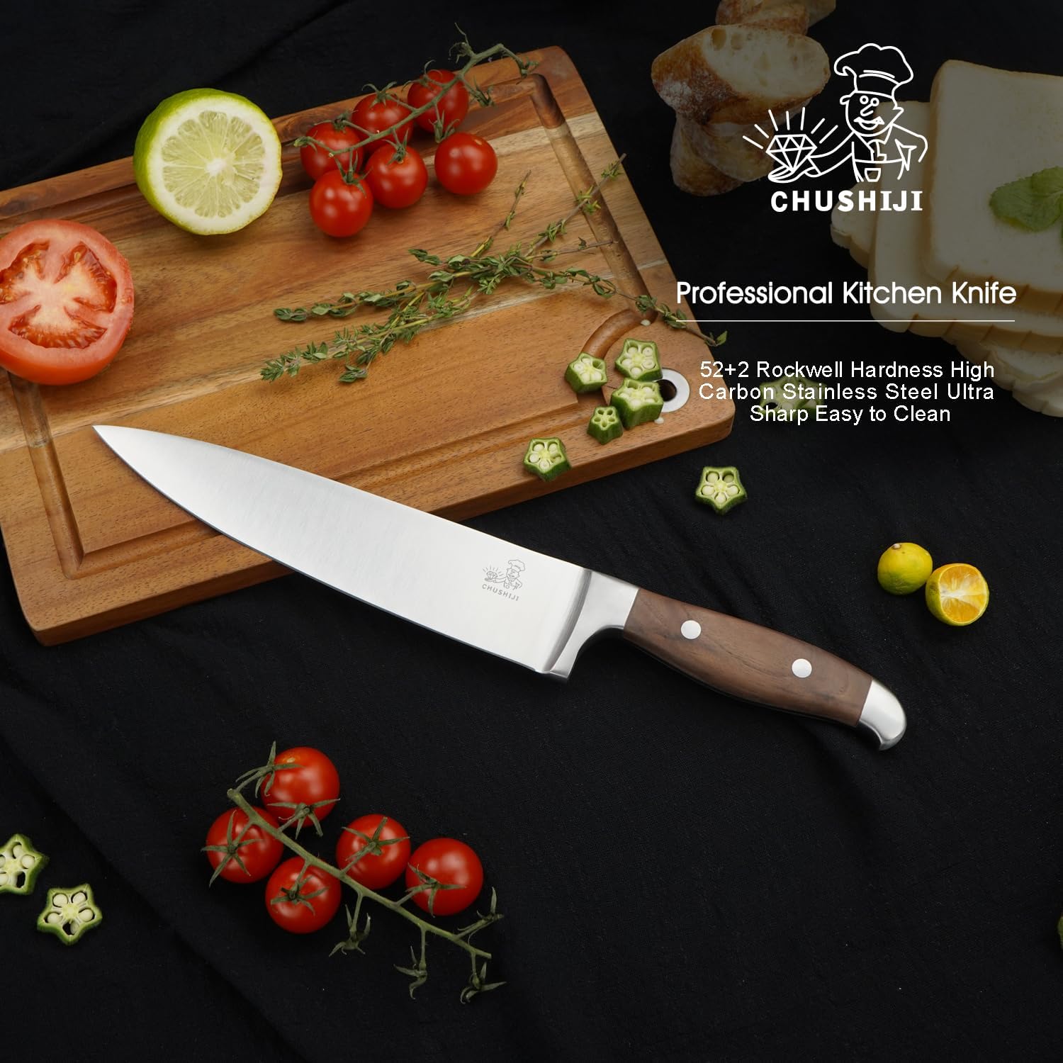 CHUSHIJI Chef Knife 8 Inch, Japanese Professional Chef knife High Carbon Stainless Steel, Razor Sharp Chefs Kitchen Knife, Vegetable Chopping Knife for Cooking With Full-tang Handle, Walnut - Image 3