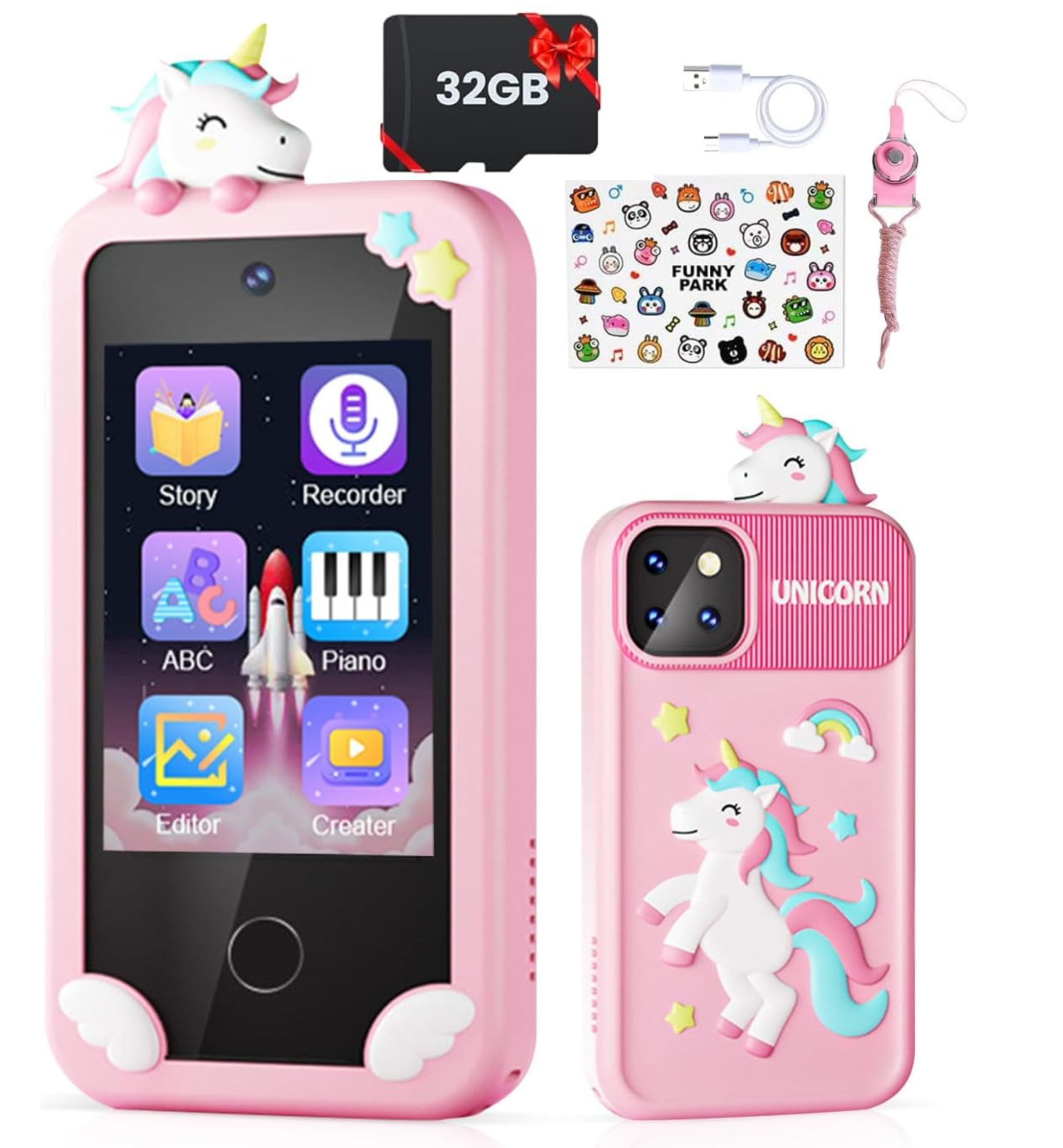 ARSH Kids Phone Toy, 32GB TF Card Unicorn Design Cell Phone Touchscreen Hologram Projection Kit Dual Camera Music Player Learning Apps Toddler Smart Mobile Phone Toy Mobile (Pink)