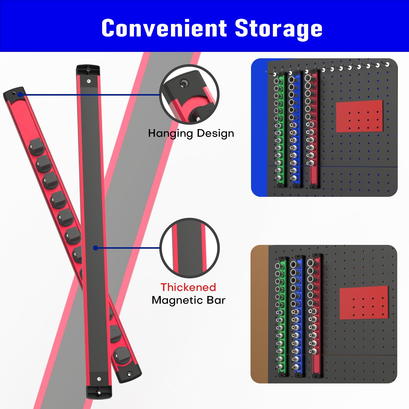 Lot de 6 supports de prise magnétiques rotatifs à 360° | Alliage d'aluminium, Pour tiroir de boîte à outils, 80 prises, 2 x 1/2", 2 x 3/8", 2 x 1/4"