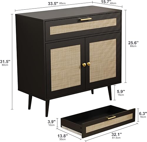 Miniatura 2 de Juego de 2 aparadores de ratán, armario de cocina bohemio con cajón y 2 puertas, gabinete moderno de mediados de siglo con estante ajustable, barra