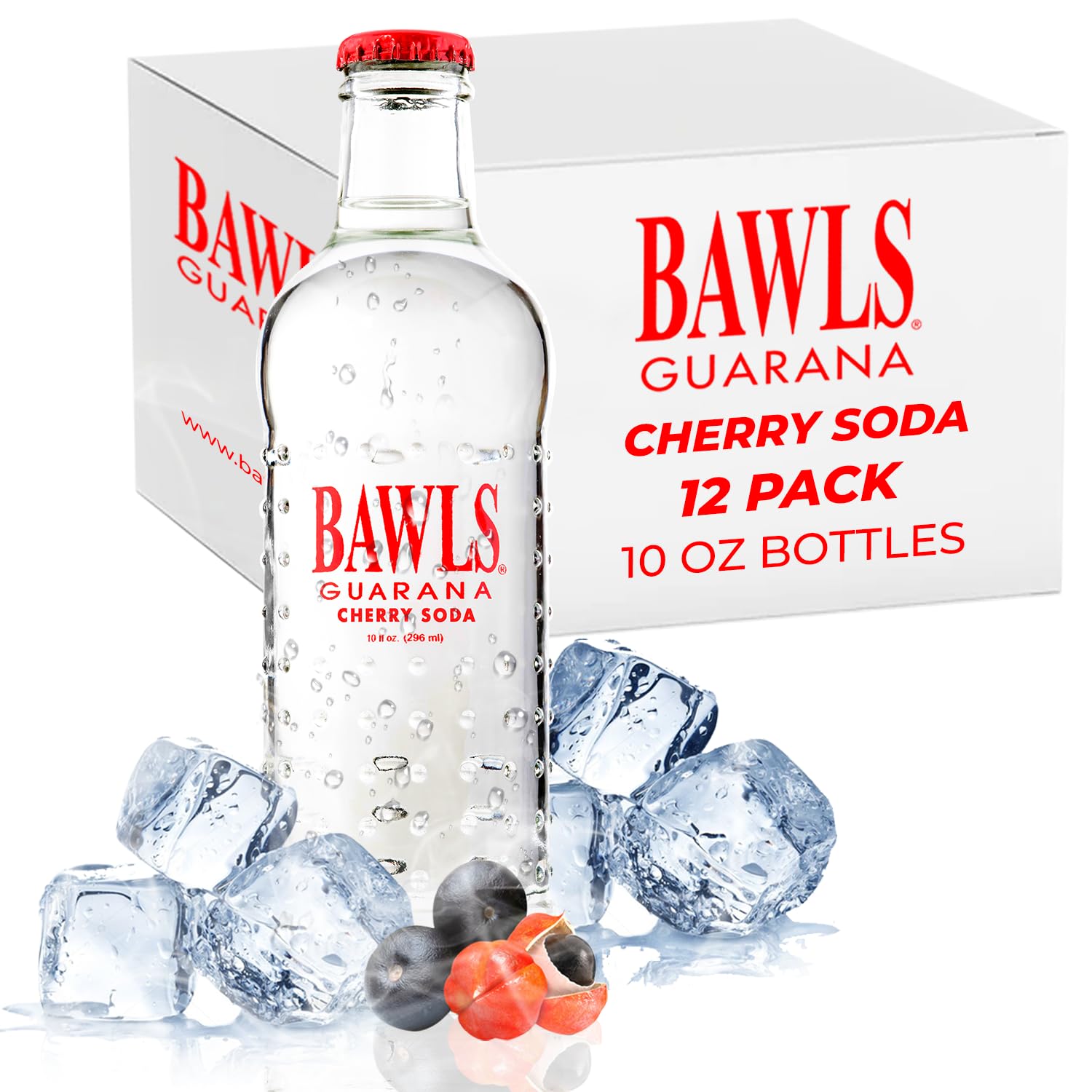 BAWLS Guarana Cherry, BAWLS Guarana Drink, Guarana Soda, Guarana Fueled Soda for Energy, High Energy Caffeinated Drink, 10oz 12 Pack Glass Bottles