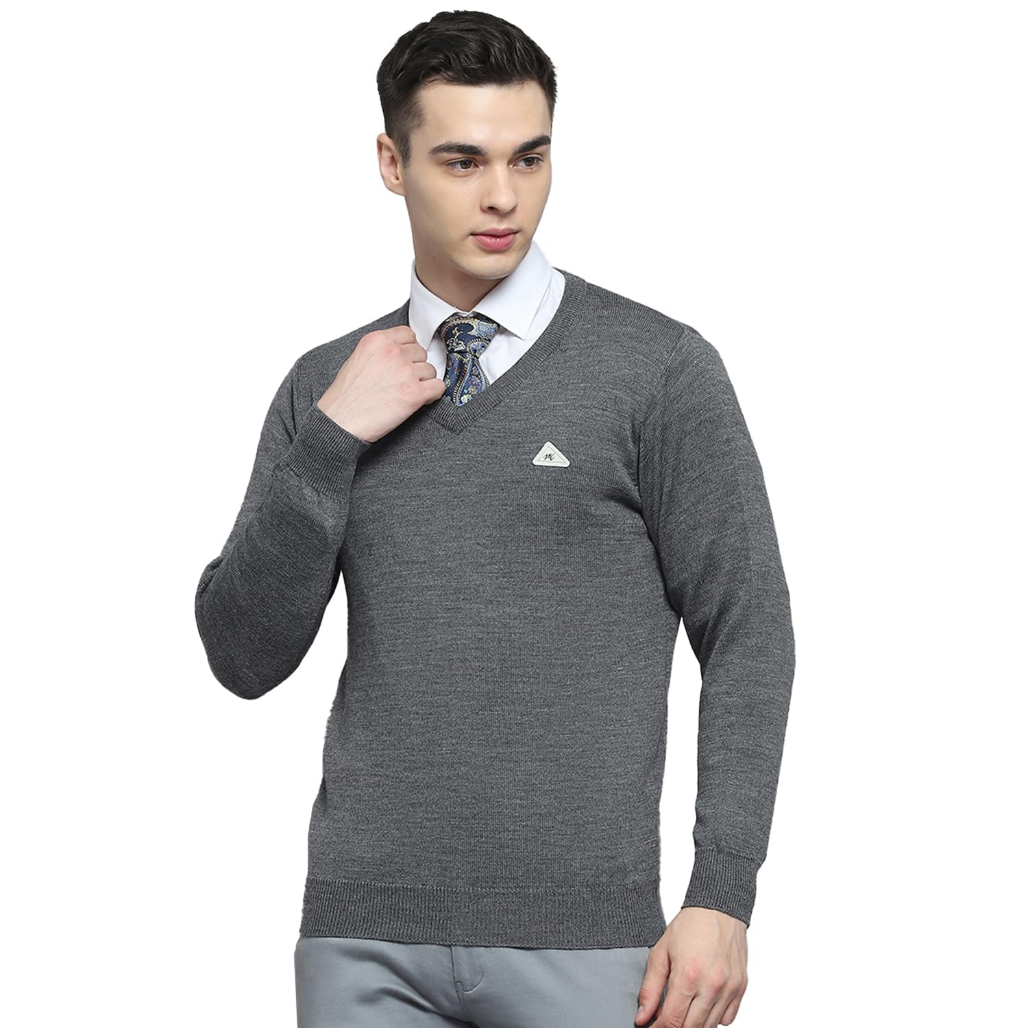 Mens Solid Grey V Neck Full Sleeve Pullover