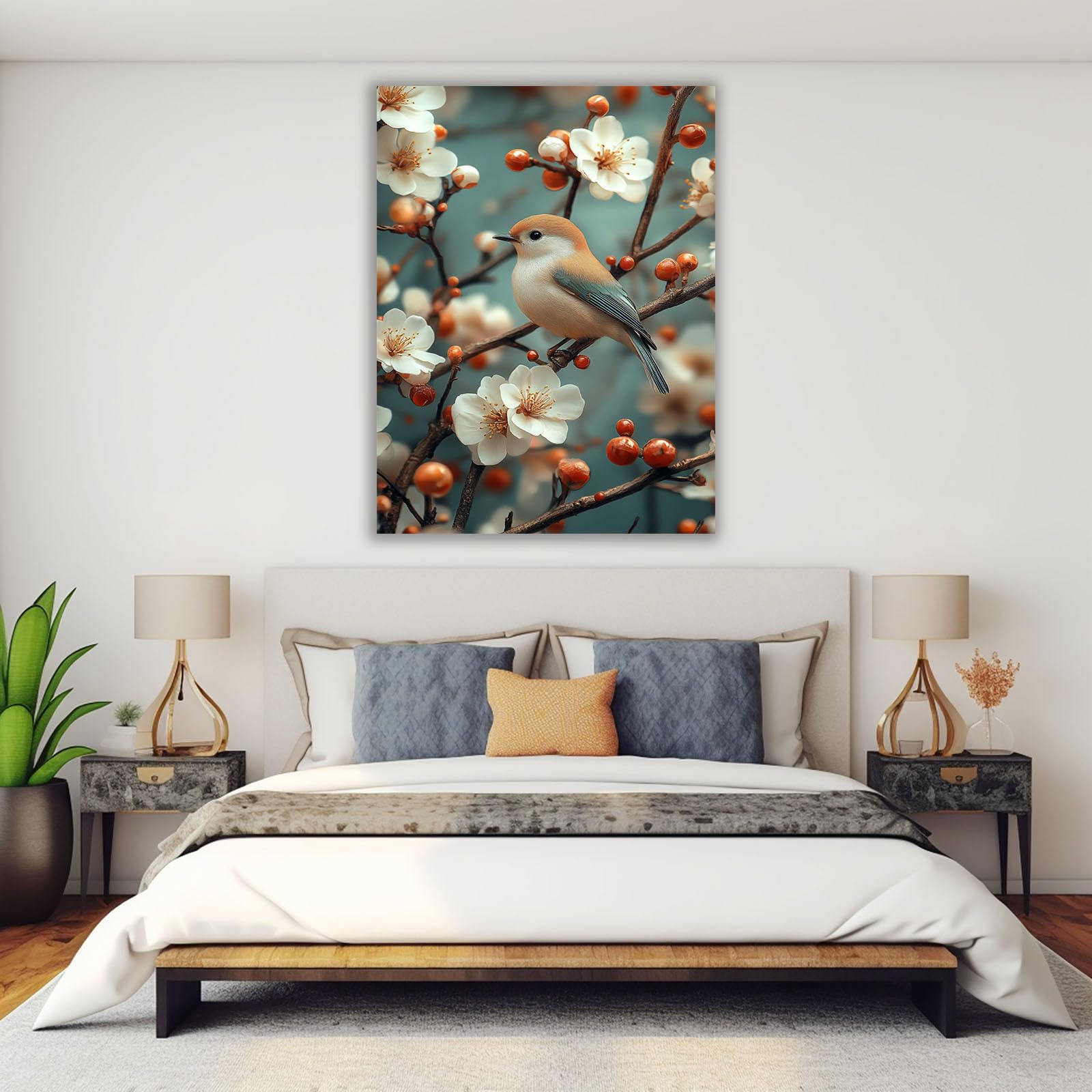 TERUEA Póster lienzo impreso con flores abstractas, Flores blancas y pájaros Cuadros para Salon Foto con Lienzo Canvas Laminas Cuadro Dormitorio（Blanco-80x120cm Enmarcado