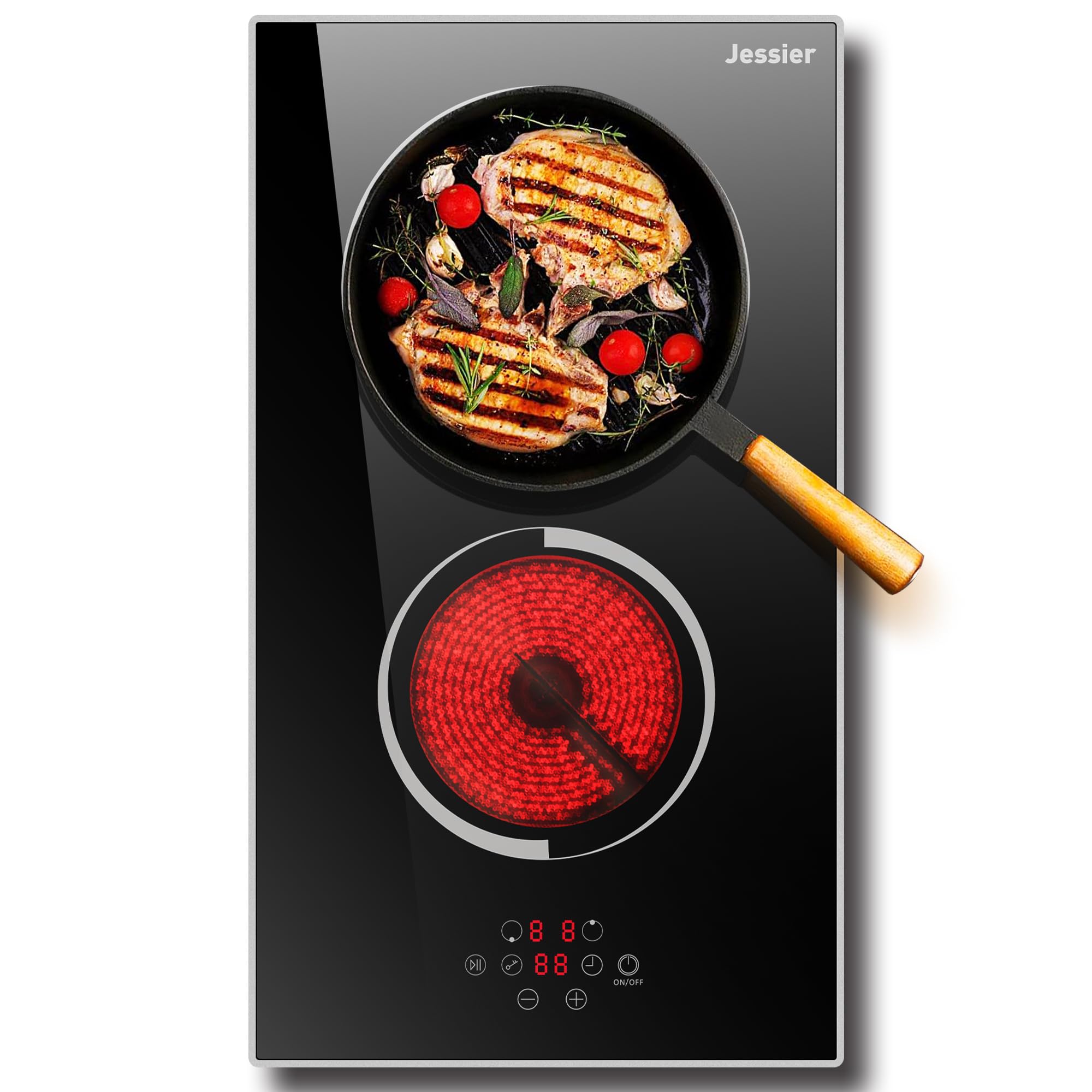 Jessier Electric Cooktop 12 Inch - 2 Burner Countertop & Built-in Ceramic Cooktop, Electric Stove Top with Glass Protection Metal Frame, 9 Heating Level, 3000W, 220-240V Hard Wire(No Plug)