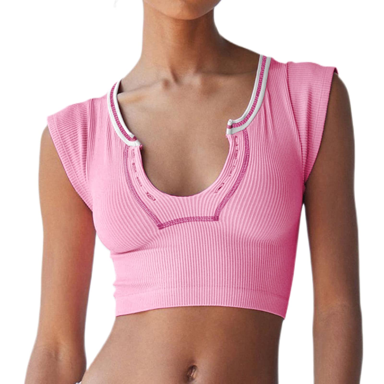 Women Rib Knit Urban Outfitters Dupes Top Seamless Short Sleeve Crop Top Slim Fitted Crew V Neck Tight Tee Shirt (Pink, S)