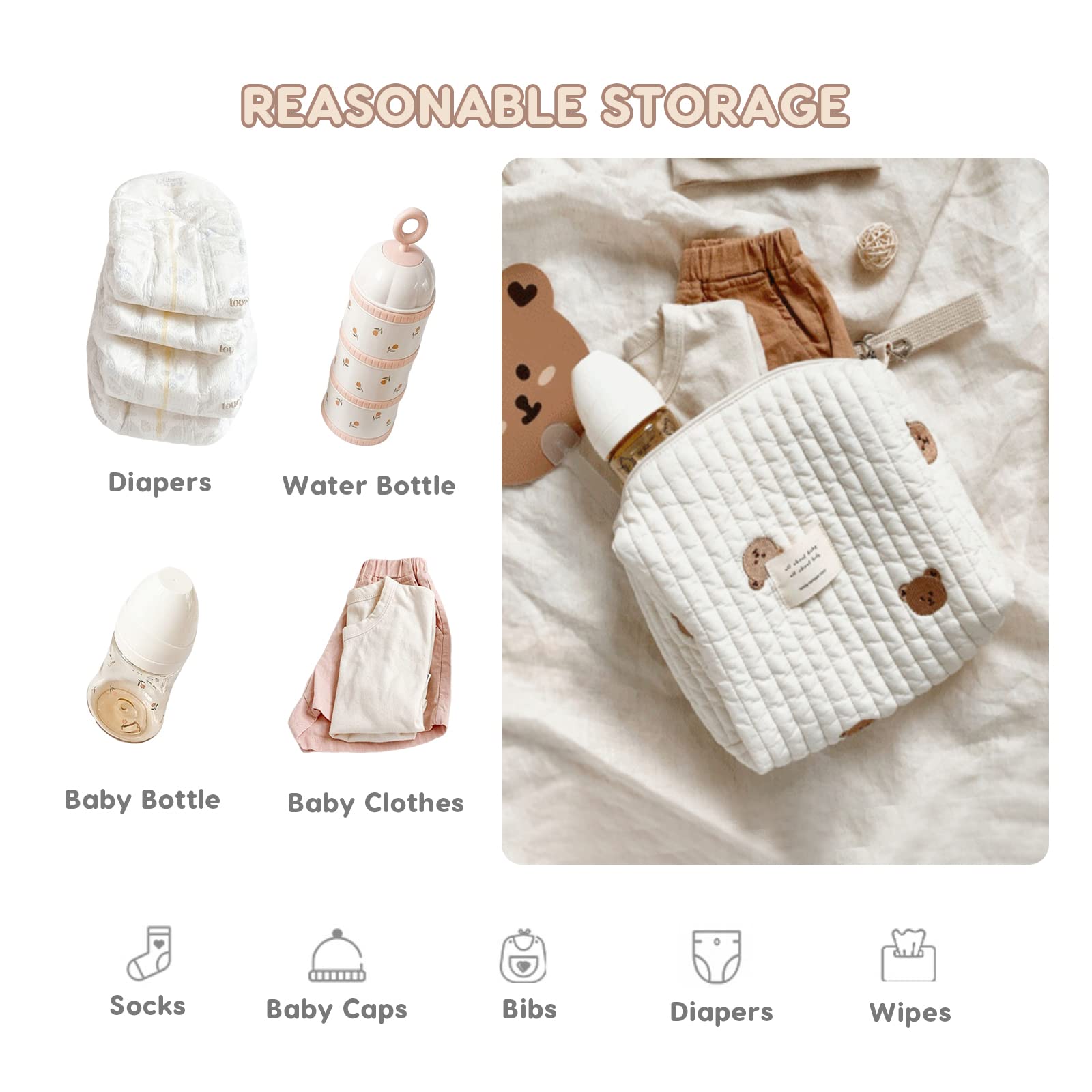 SONARIN Léger Sac de Rangement pour Poussette,Multifonctionnel Élégante Broderie Organisateur de Poussette Landau Universel Sac de Rangement pour Landau Sac de Maman(Ours, 1 Sangle)