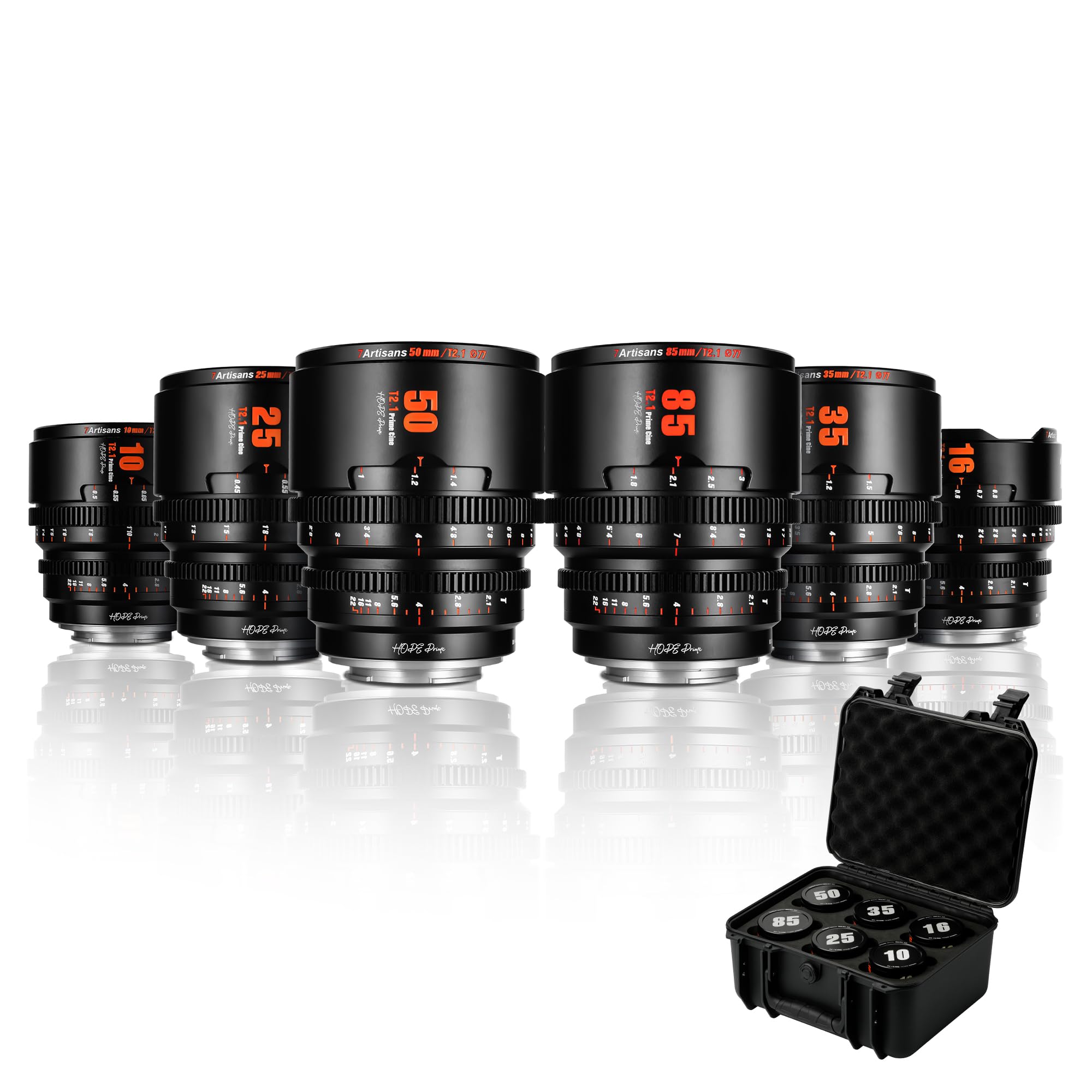 7artisans 10mm/16mm/25mm/35mm/50mm/85mm T2.1 Hope Series Professional Cine Lens S35 Frame Set Compatible for Canon RF-S Mount for RED Komodo/RED Komodo X/Canon C70/CANON R7/R50/R10(Black)