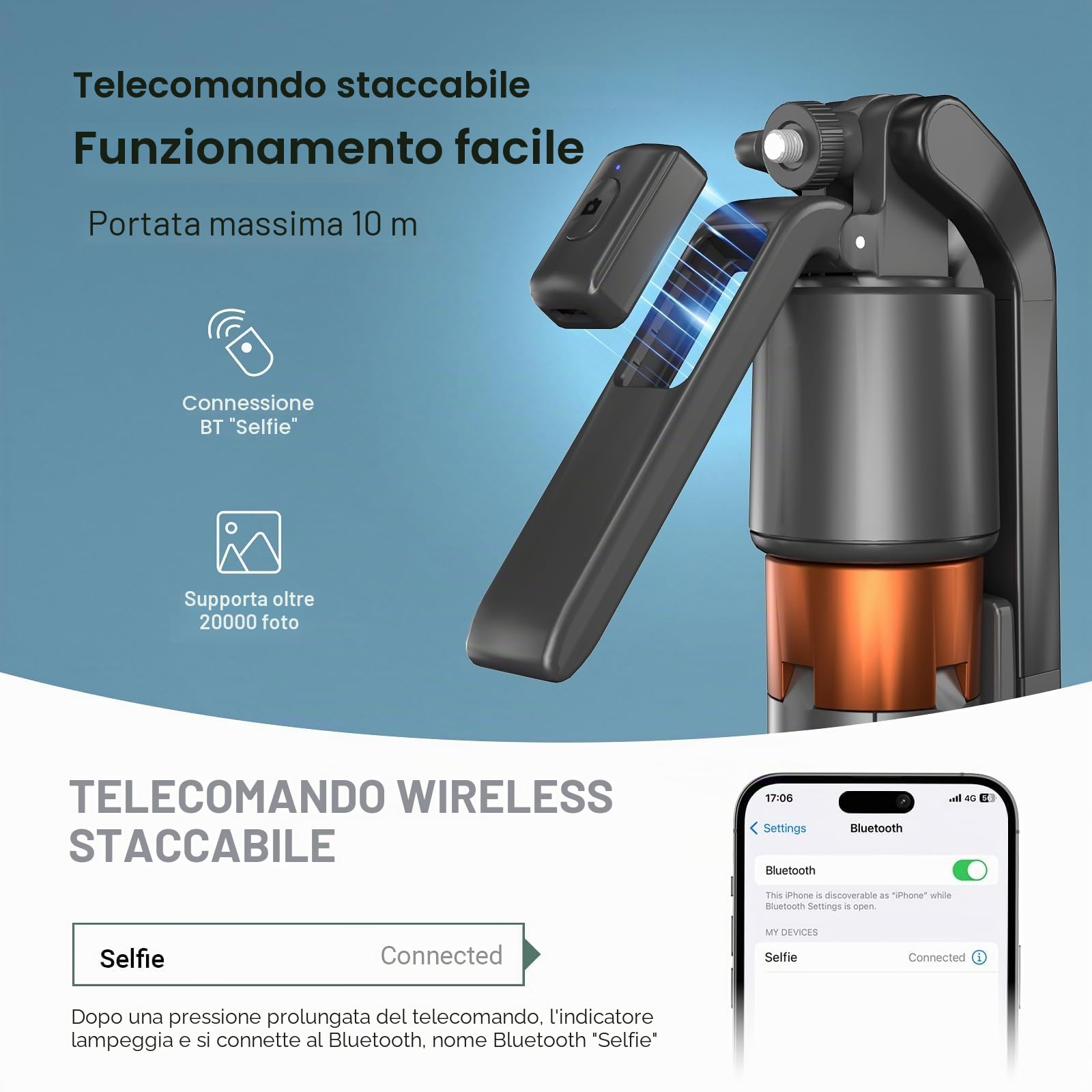 Treppiede per selfie da 178 cm, rotazione a 360 gradi per iPhone, senza app, riprese video e streaming (con luce di riempimento)