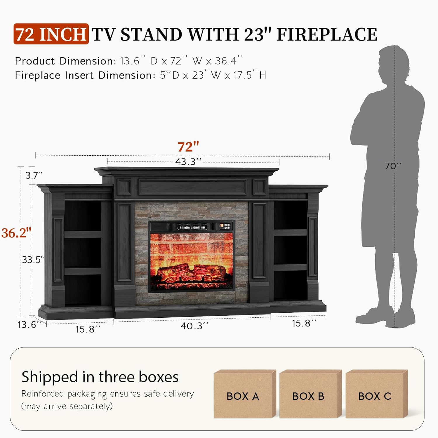 HolliWill Fireplace TV Stand with adjustable and removable shelves