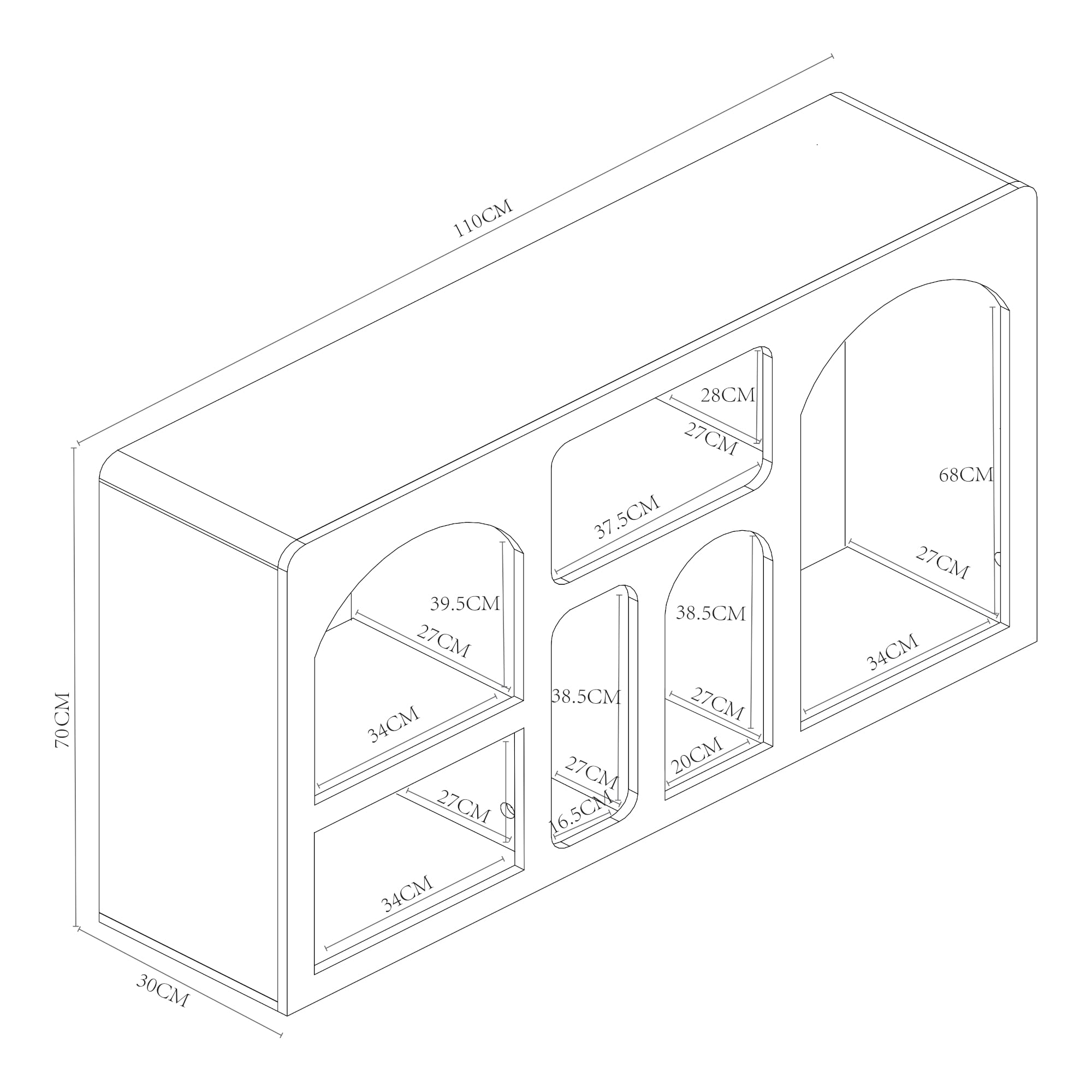 [en.casa] Consolle Rettangolare con 6 Scomparti da Frontali Geometrici Mobile Stretto per Esposizione e Stoccaggio 110 x 30 x 70 cm Bianco