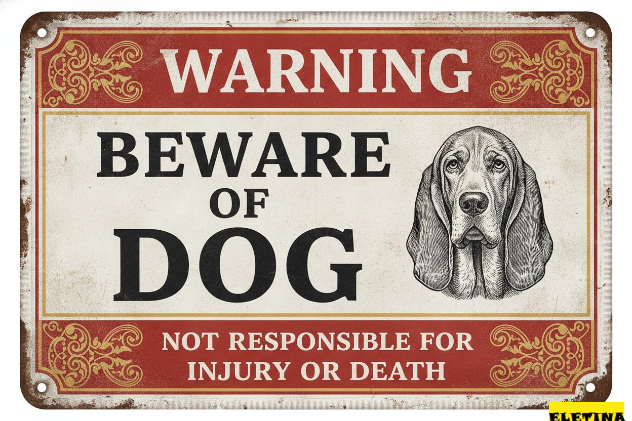 Beware Basset Dog Warning Tin Sign, 8x12 Inch Yard