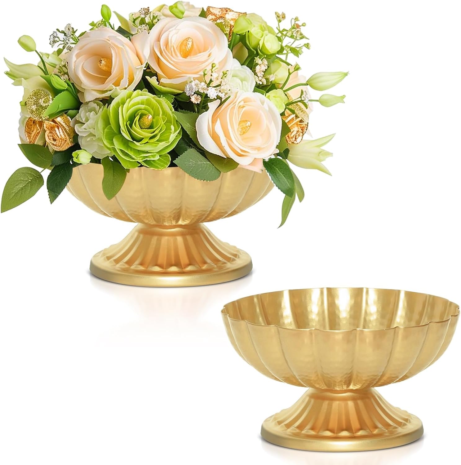 Gold Flower Vases for Centerpieces: Vintage Compote Bowl Vase for Wedding 4 Inch Small Pedestal Vase for Party Gold Centerpieces for Table Metal Urn for Event Home Decor Set of 2 Gold 4 Inches - 2 Pcs