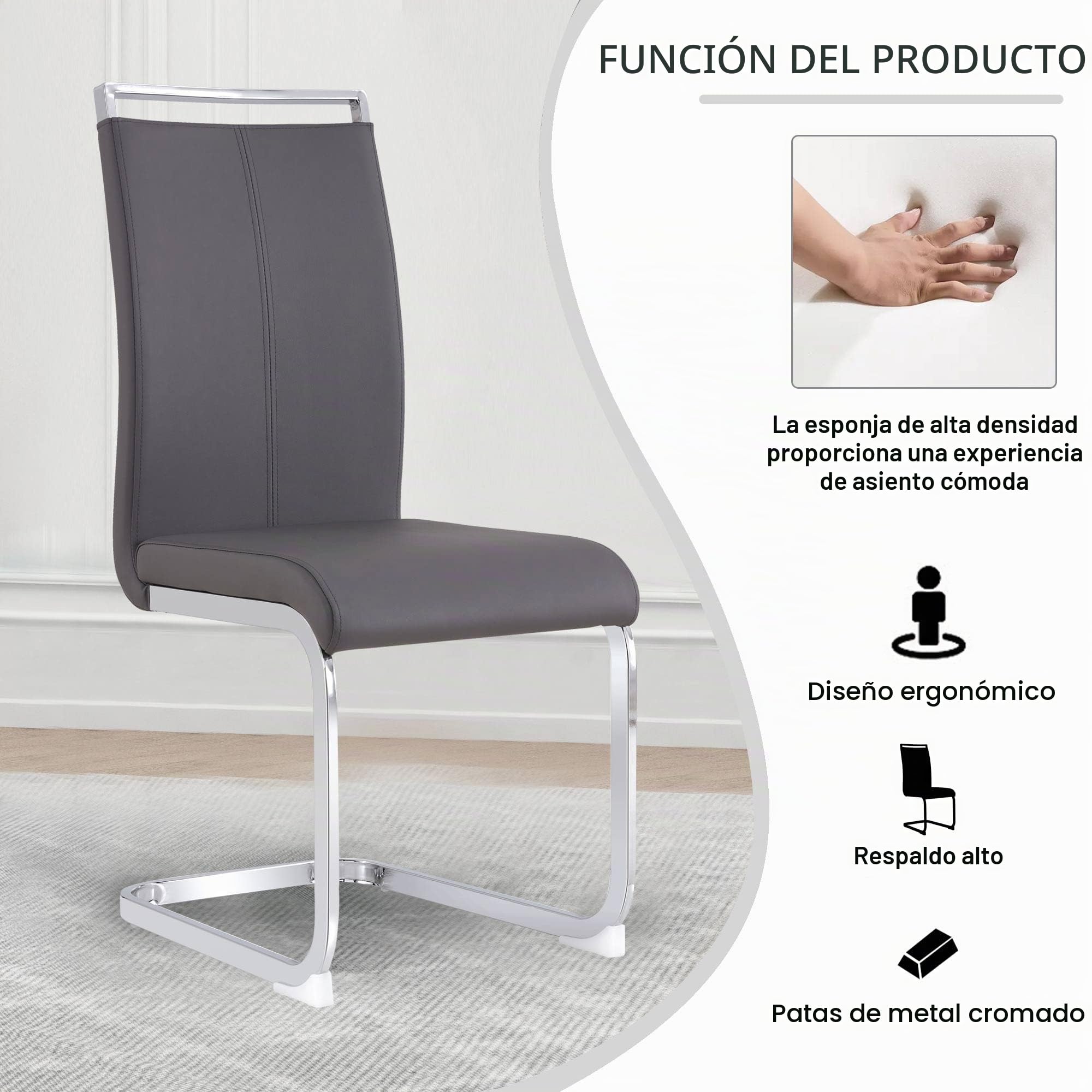 Merax Juego de 4 sillas de Comedor con Piel sintética de Poliuretano y Respaldo Alto, Estructura de Metal Cromado, Silla de Cocina Moderna, Silla tapizada para salón, Sala de conferencias, Gris