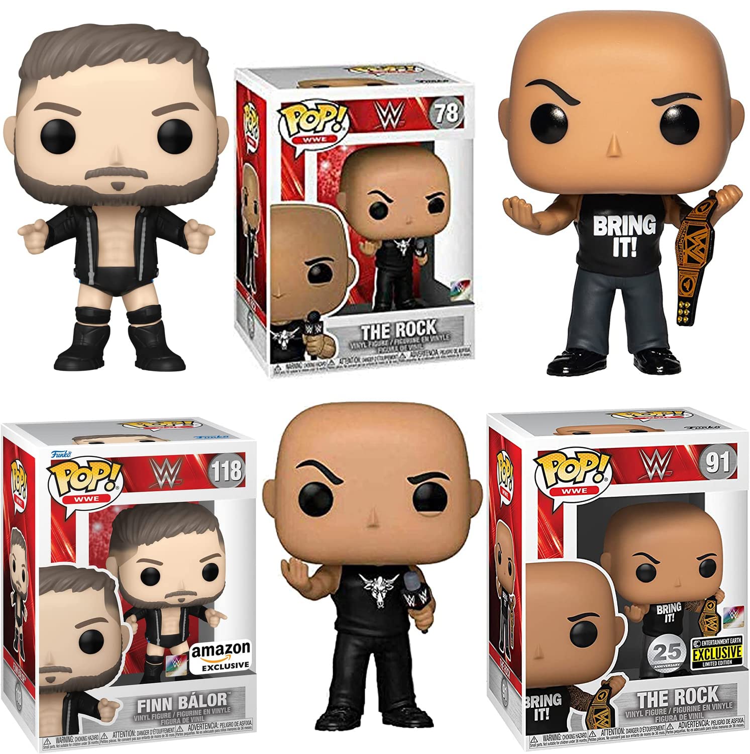The Rocks Wrestling Figure Pop Bundled with Champion Exclusive Dwayne Bring It Johnson WWE Belt + Superstar Rock Mic Battle Pack + Judgement Day Finn Balor 3 Items