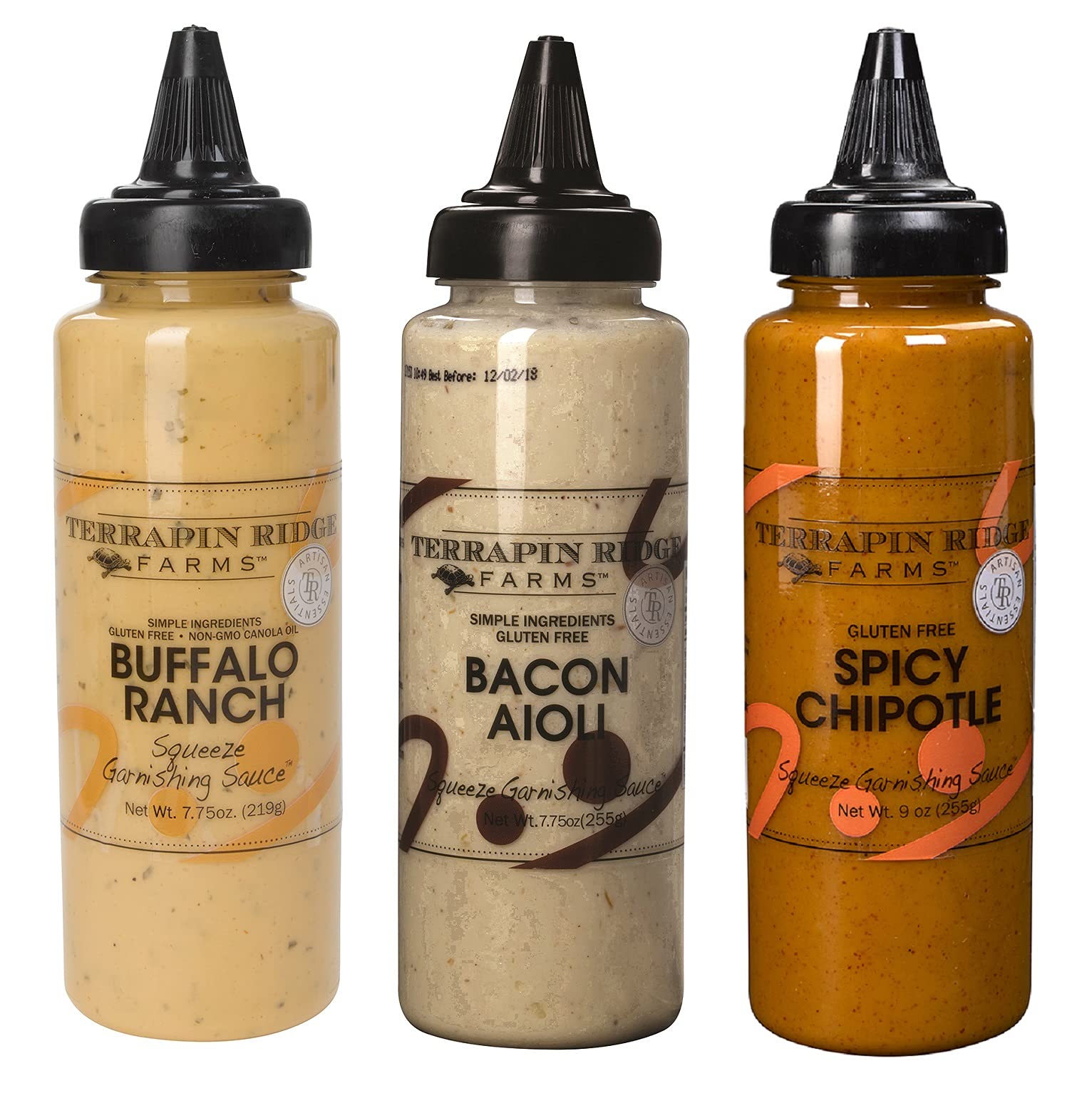 Terrapin Ridge Farms Squeeze Me Baby Sampler Set – One Each of Buffalo Ranch, Bacon Aioli, and Spicy Chipotle Garnishing Squeeze Bottles (3 Items)