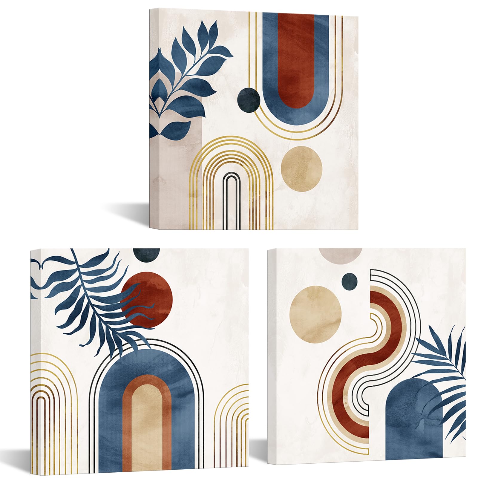 WelmecoBoho Wall Art Decor Minimalist Wall Art Pictures Canvas Prints Mid Century Modern Home Decor, Framed Ready to Hang, Set of 3 Piece 12inx12in (Blue)