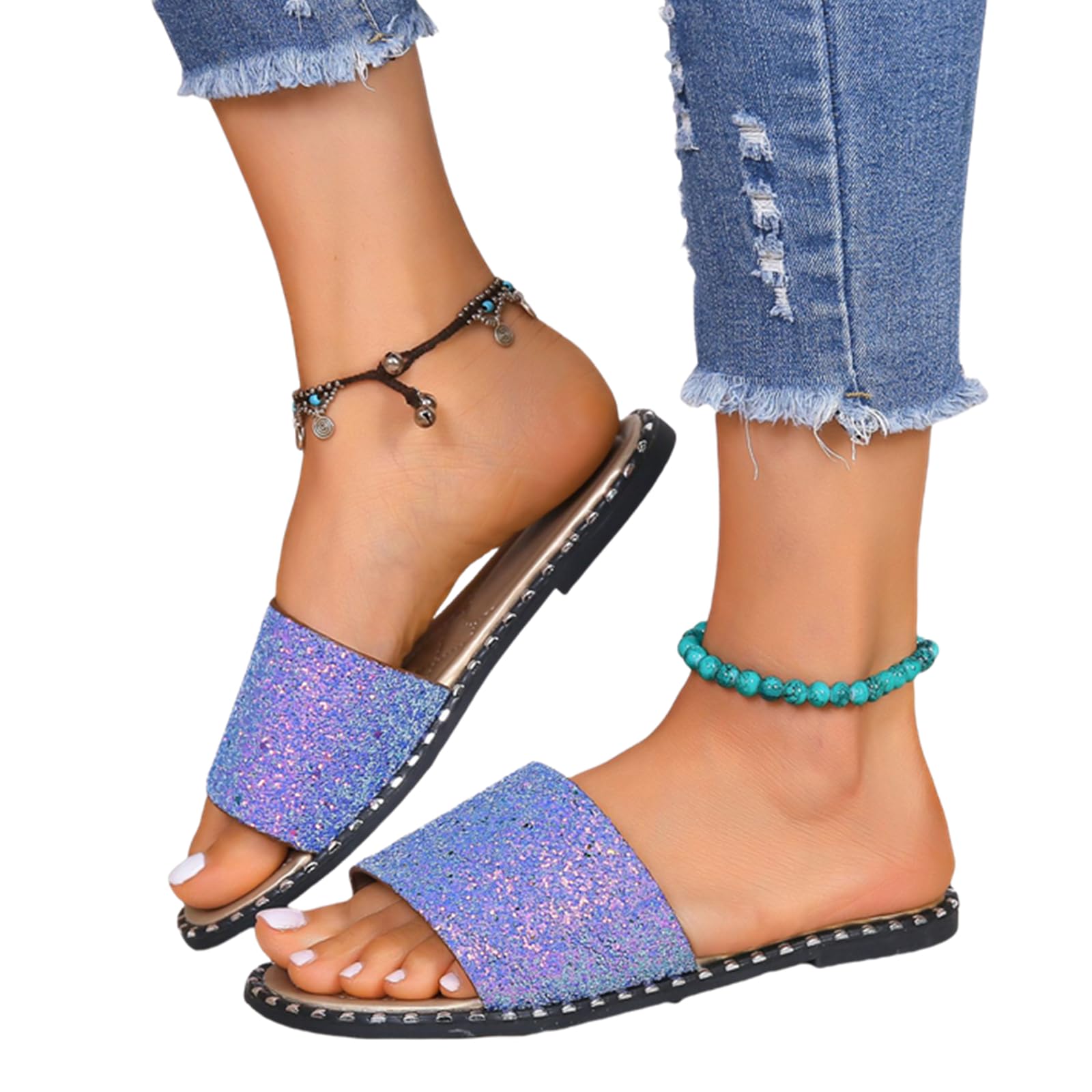 Women's Open Toe Flat Sandals Sparkle Rhinestone Glitter Shiny Casual Fashion Slippers Quick Drying Indoor & Outdoor Slides