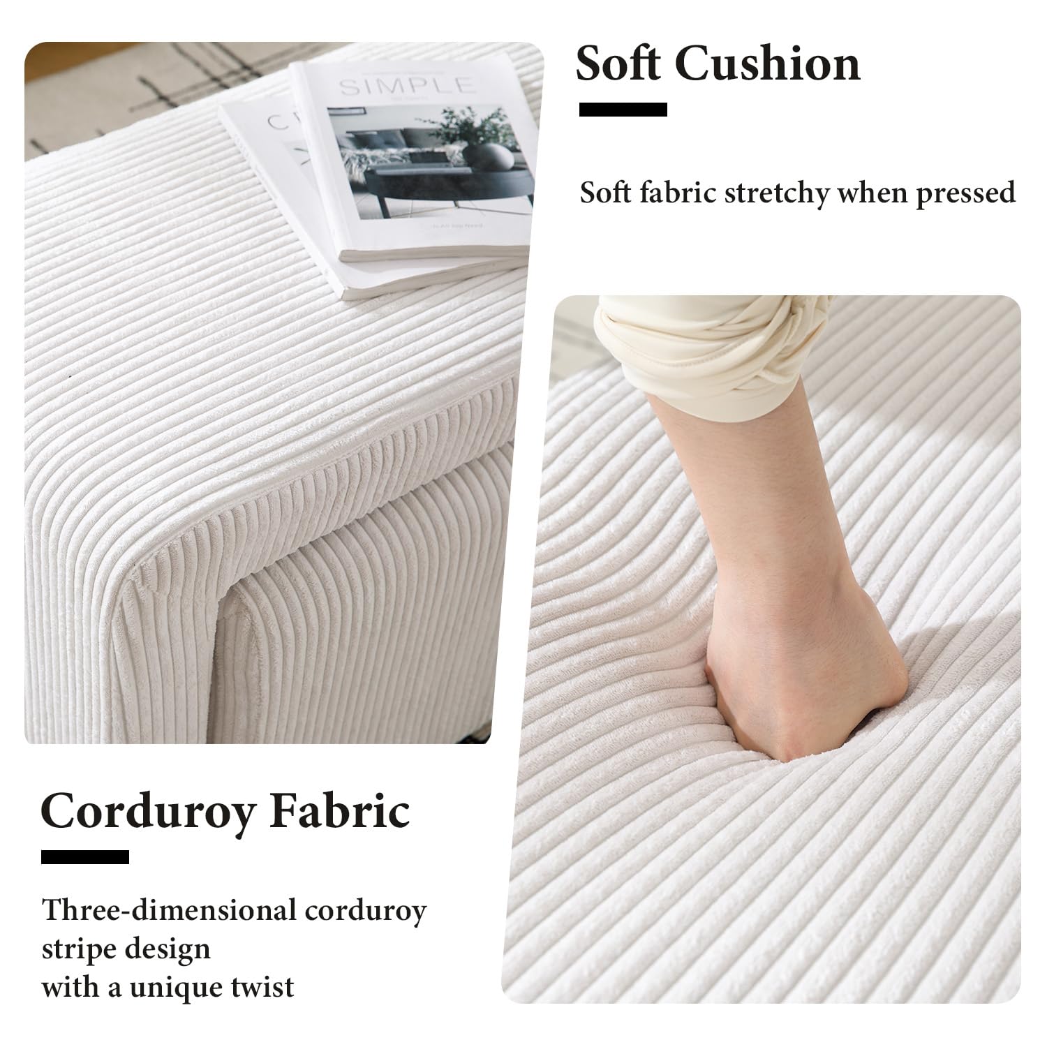 Wahson Banco de Entrada Moderno Banco de Recibidor Interior,Banco Otomano de Cama Elegante Banco Corderoy con 2 Reposapies para Salón/Dormitorio,Blanco