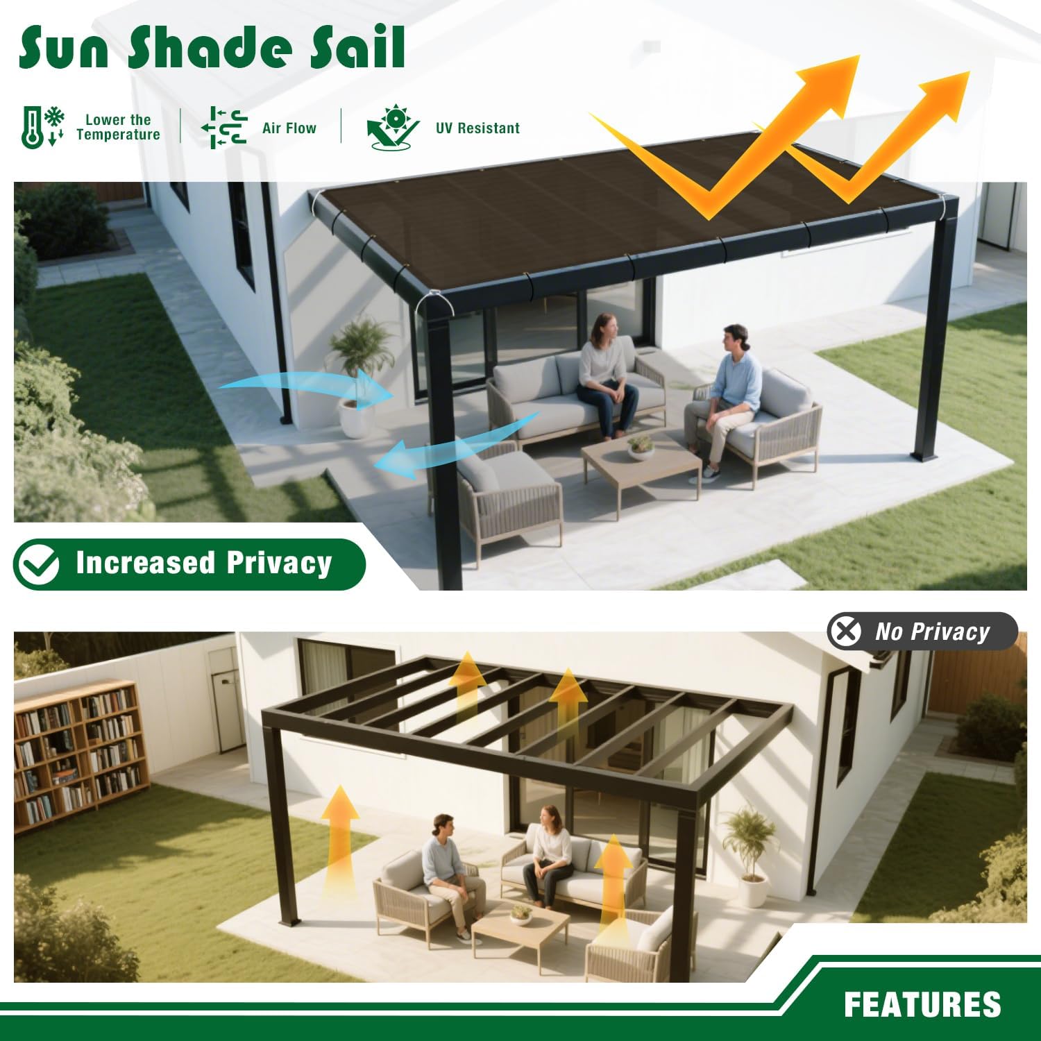 12'x23' Sun Shade Cloth with Grommets, Rectangle UV Resistant Shade Sail Pergola Cover Patio Awning Shelter Mesh Tarp Sun Screens for Outdoor, Garden, Backyard, Gazebo, Brown