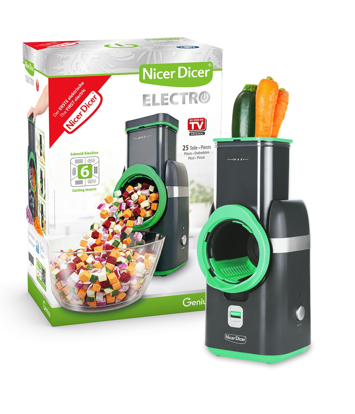 Nicer Dicer Elektrischer Gemüseschneider, 25-teilig, automatischer Gemüseschneider, Käsereibe für Gemüse, Obst, Nüsse, 6 extra scharfe Einsätze, Ein-Knopf, leicht zu reinigen, leistungsstark