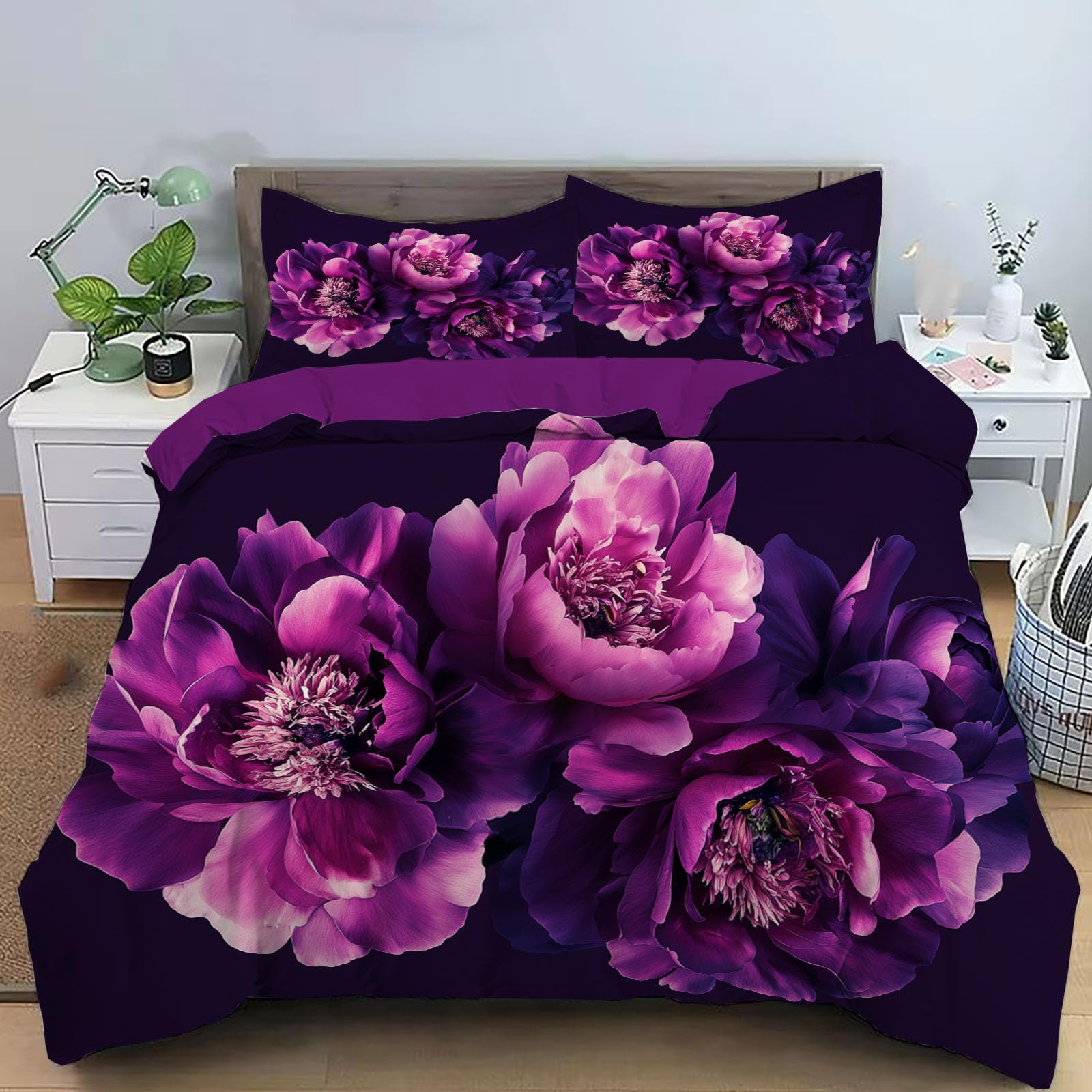 Housse de couette pivoine 3D violette anti-plis douce 220x240cm pour décoration lit