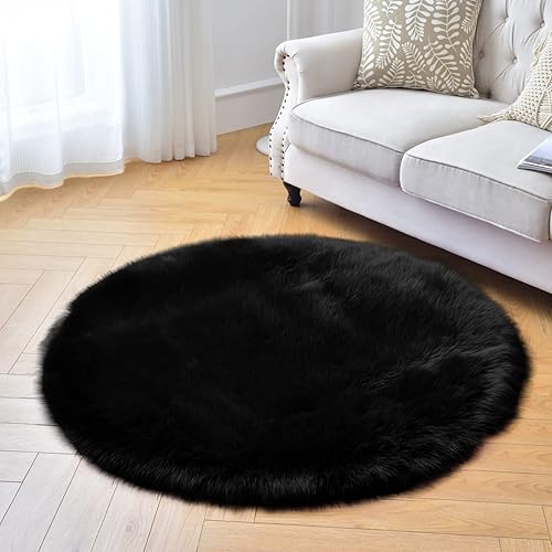 Vista 204 de duduta Tapete redondo de piel de oveja sintética color púrpura de 4 x 4 pies, peludo y mullido, lavable a máquina