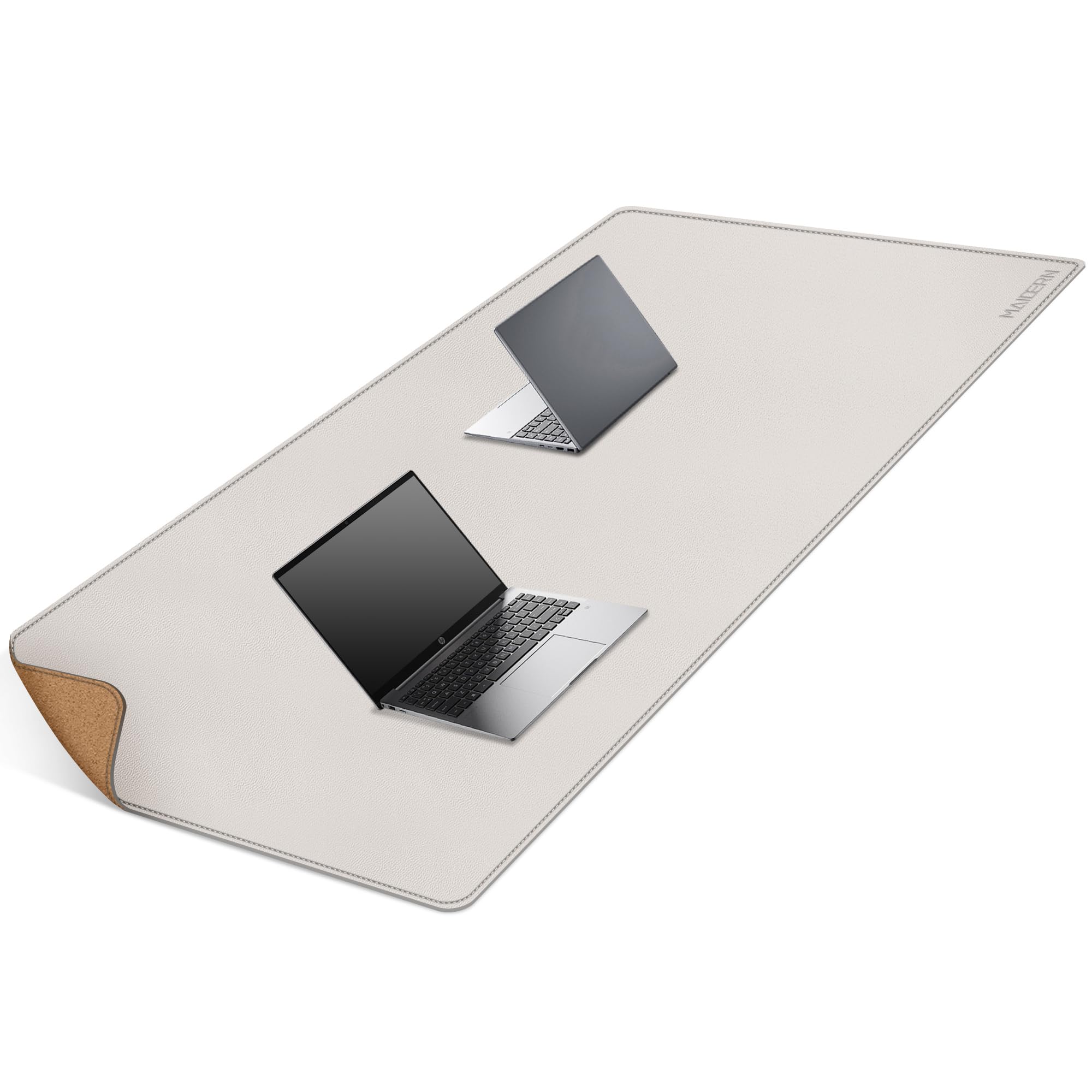 MAIDERN Tappetino da scrivania, 170 x 70cm tappetino per mouse bifacciale in sughero e pelle PU, tappetino da scrivania morbido e impermeabile per ufficio/casa(Crema)