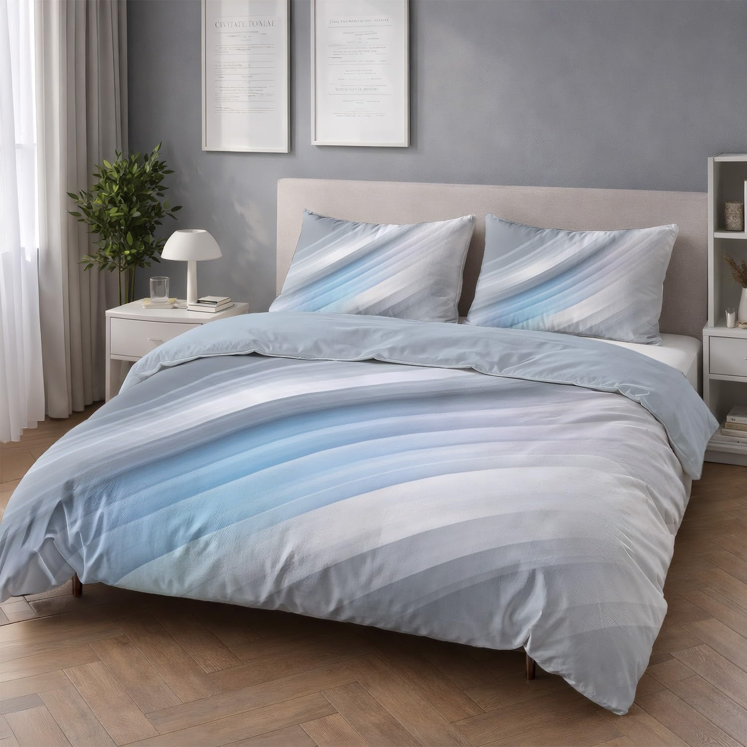 Generic Zestaw poszewek na kołdrę nowoczesne abstrakcyjne linie podwójne 200 x 200 cm, szaro-niebieski minimalistyczny zestaw pościeli 3-częściowy zestaw, miękka poszewka na kołdrę z mikrofibry dla