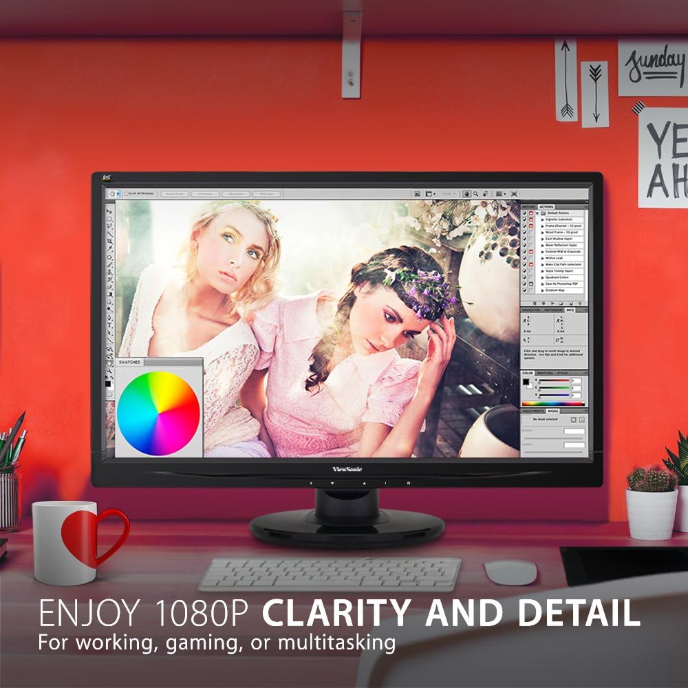 ViewSonic VA2446MH-LED monitor displaying graphic design software with vibrant colors and sharp details.