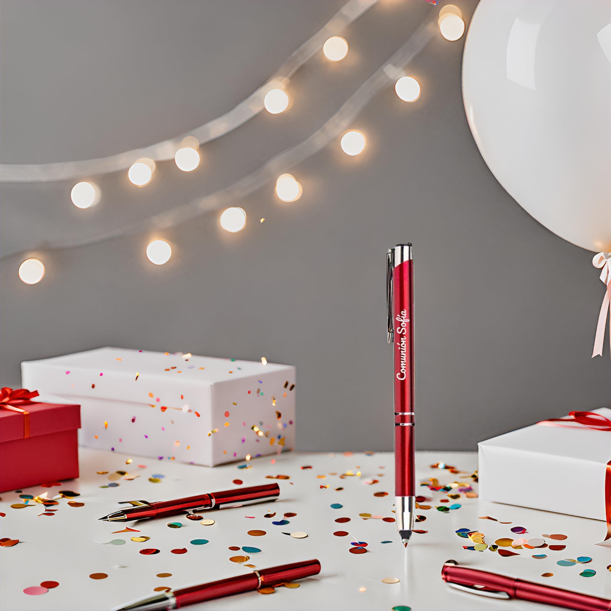 Packs 50 bolígrafos PERSONALIZADOS con texto o nombre | Color rojo y puntero para dispositivos móviles | Grabado a láser | Lote bolígrafos publicitarios y merchandising, eventos: comuniones, bodas.