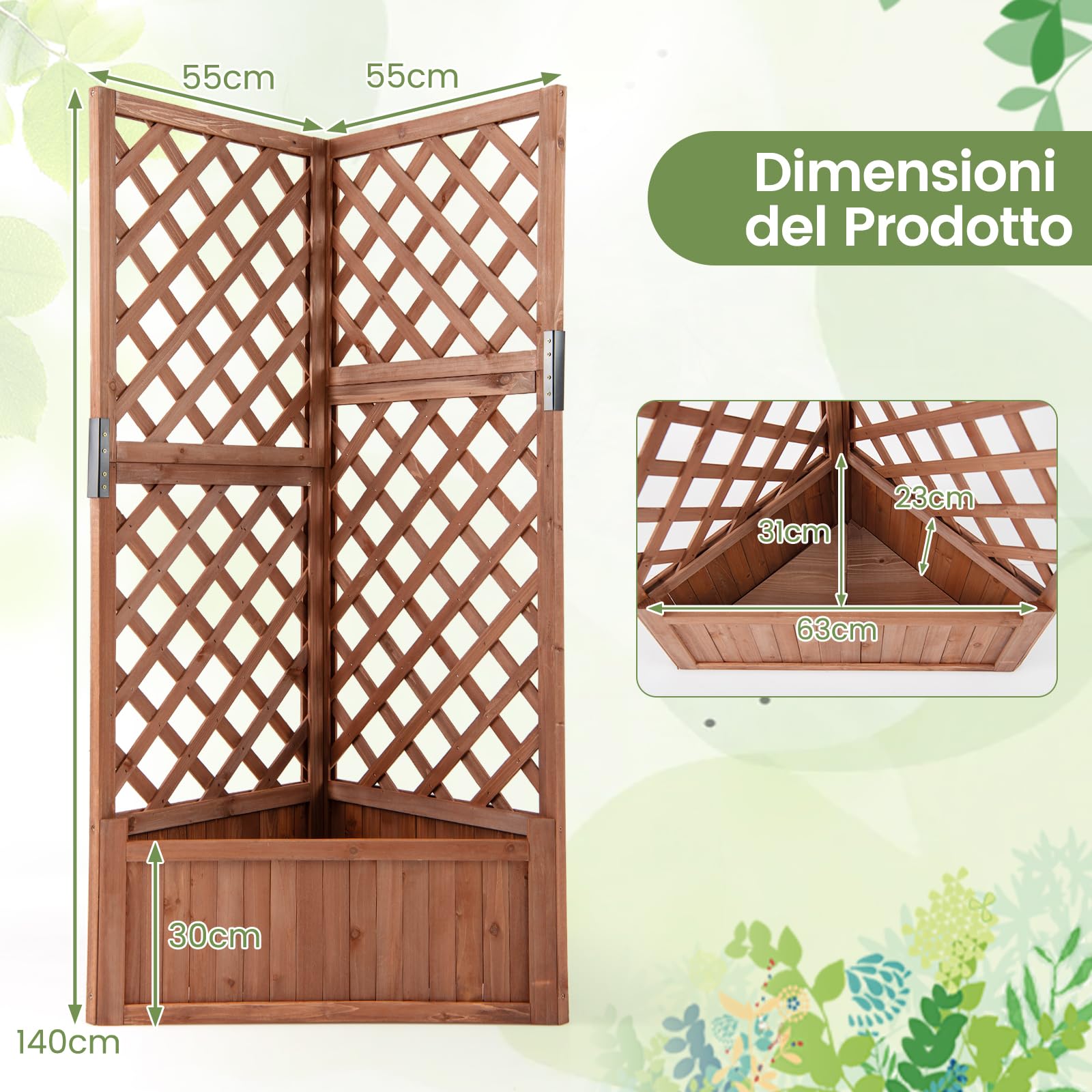 COSTWAY Letto da Giardino Rialzato ad Angolo con Traliccio e Fori di Drenaggio, Fioriera in Legno Elevata per Piante Rampicanti, Fiori e Verdure, Ideale per Interno ed Esterno (Marrone)