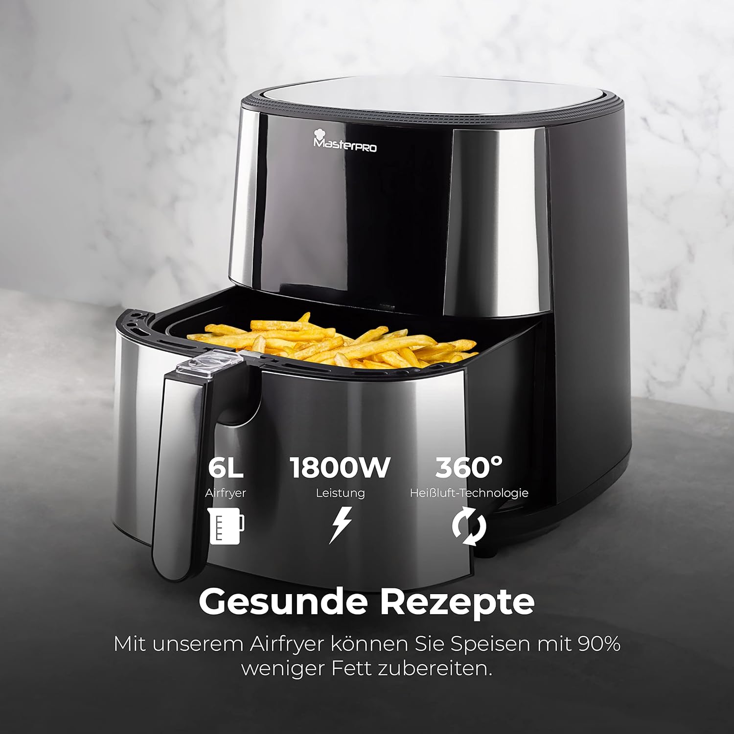 MasterPro Foodies XXL 6L Air Fryer with a basket full of crispy fries
