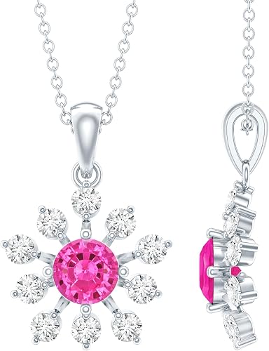 Rosec Jewels Certified Lab Grown Pink Sapphire Flower Necklace With Silver Chain