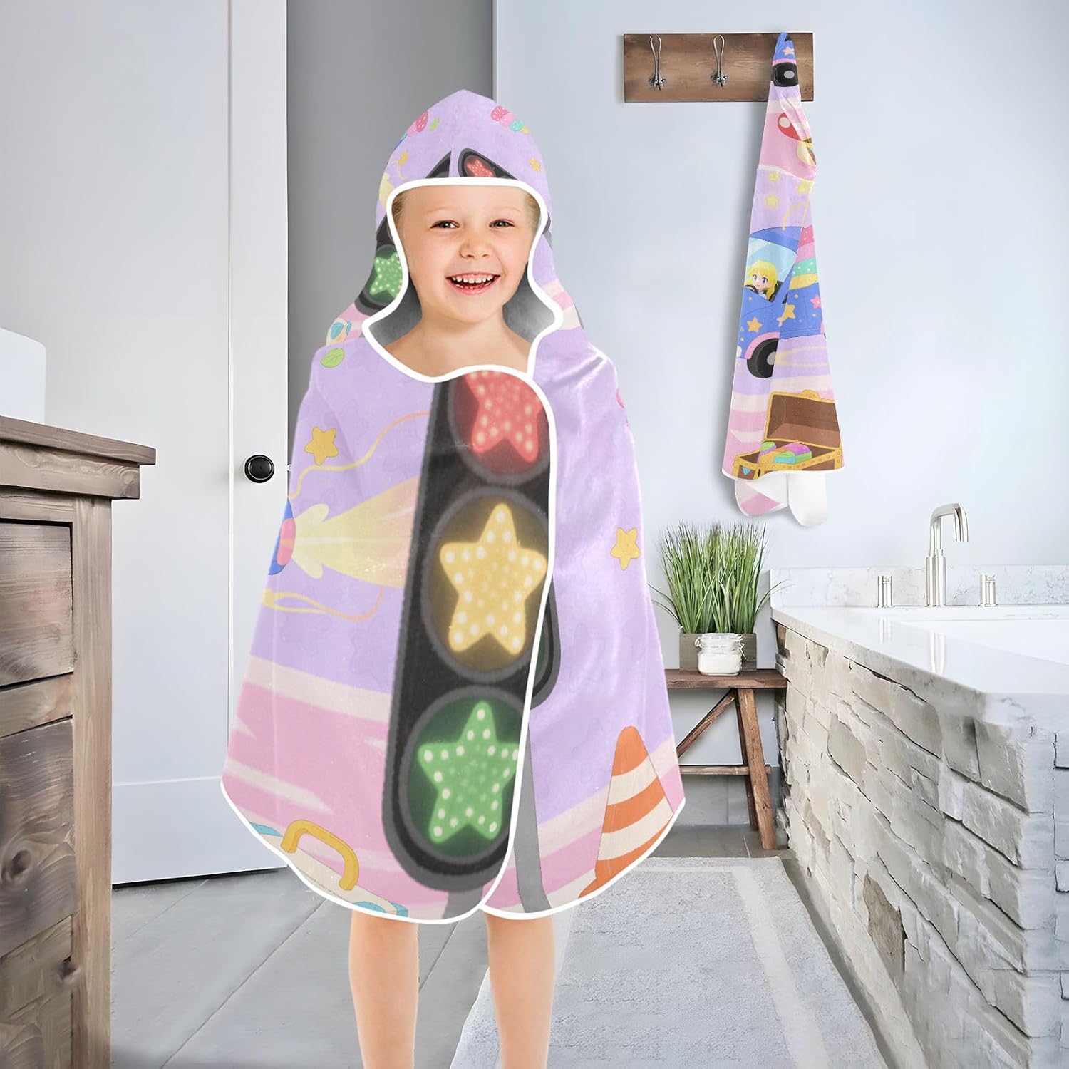 Kids Beach Towel Cartoon Traffic Lights and Cars Boys Hooded Beach Towel Absorbent Kids Bath Towels with Hood