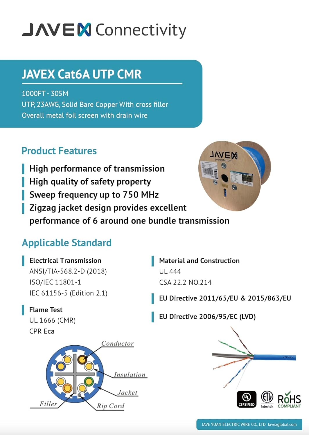 JAVEX 23AWG CAT6A UL CM in-Wall Rated [500FT, Pure Copper] 750MHz, ETL Listed, TAA Compliant, UTP Ethernet Bulk Cable, Grey