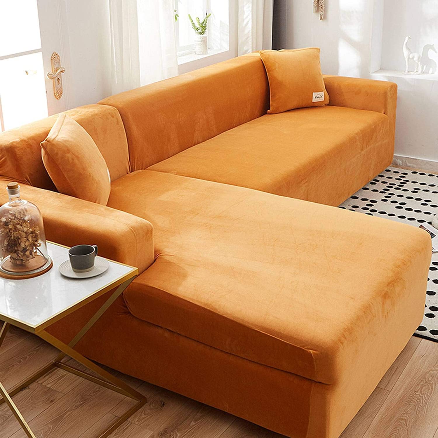 MGEMJMJ Pure Color Elasticity Sofa Cover Velvet Covers,Sofa Cover,Sofa Protector With Elastic Bottom Strap(Size:3 Seater(190-230cm),Color:Orange)