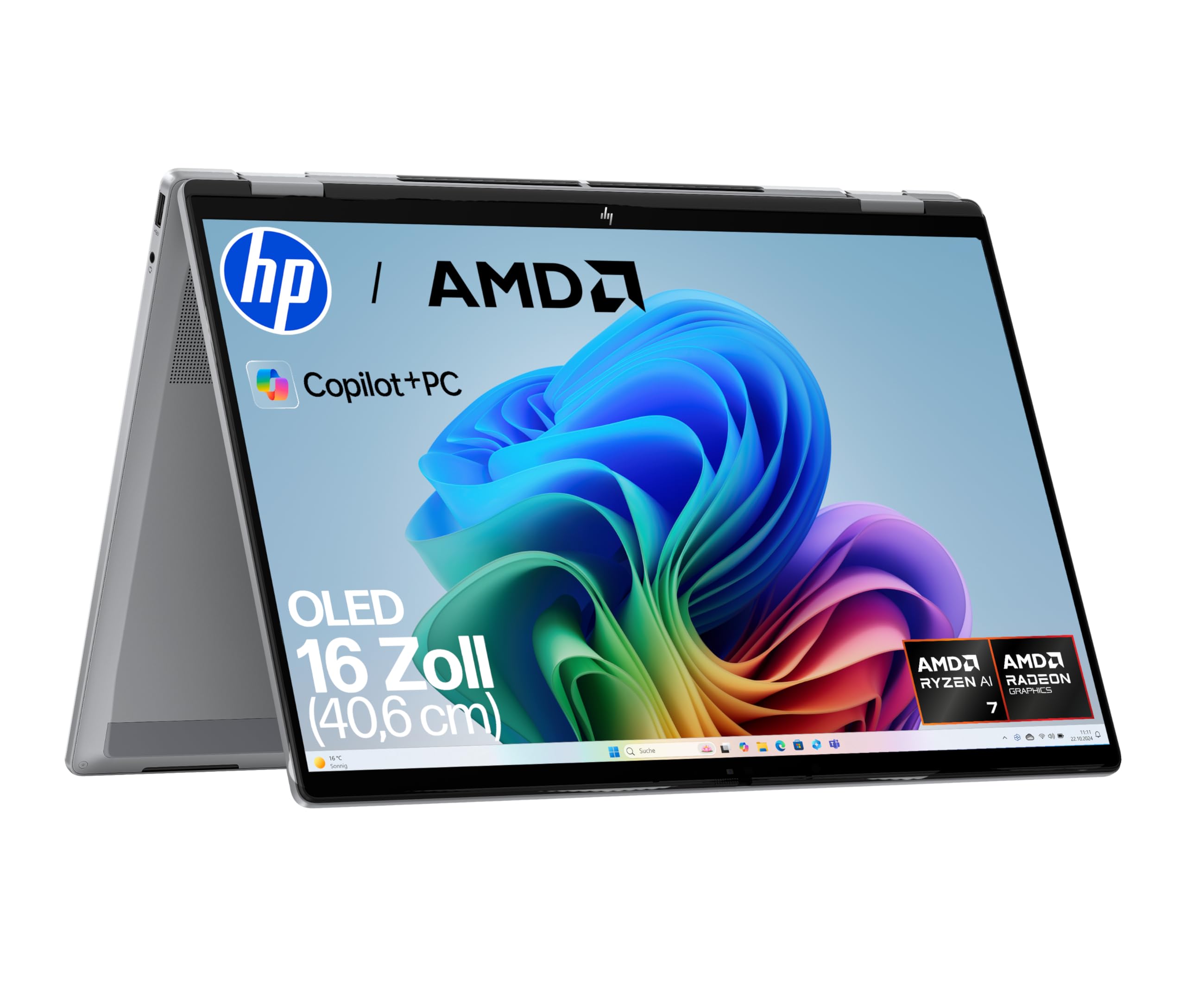 HP OmniBook X Flip 2in1 Next Gen AI Laptop | AMD Ryzen AI 7 350 (8C) | dedizierte NPU für KI | 50NPU Tops | Copilot+ PC | 16" 3K 2880x1800 OLED-Touchscreen | 16GB | 1TB SSD | Win11 | QWERTZ | Silber