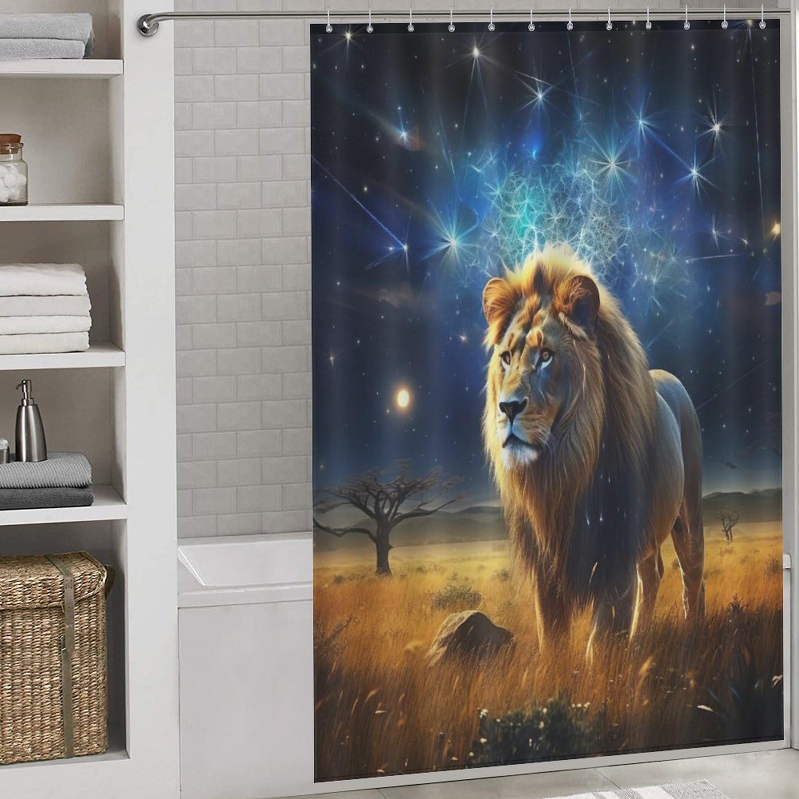 Rideau de douche lion imperméable en tissu polyester lavable pour une salle de bain au sec