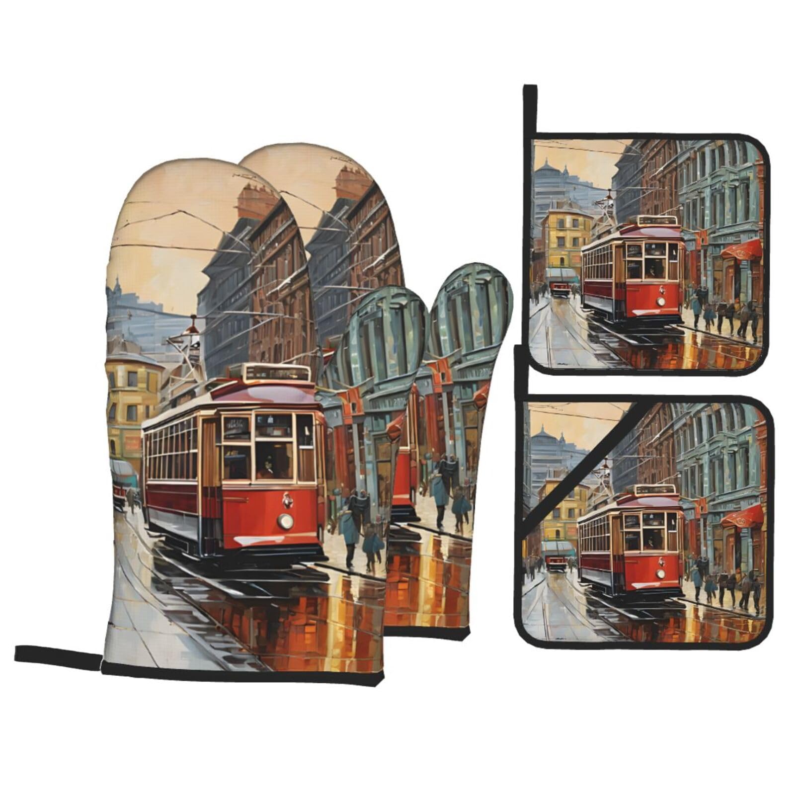 (San Francisco) Oven Gloves And Pot Holders Set Of 4 Fabric Thick Waterproof Easy To Clean For Kitchen Cooking Baking Grilling Bbq Home Decor