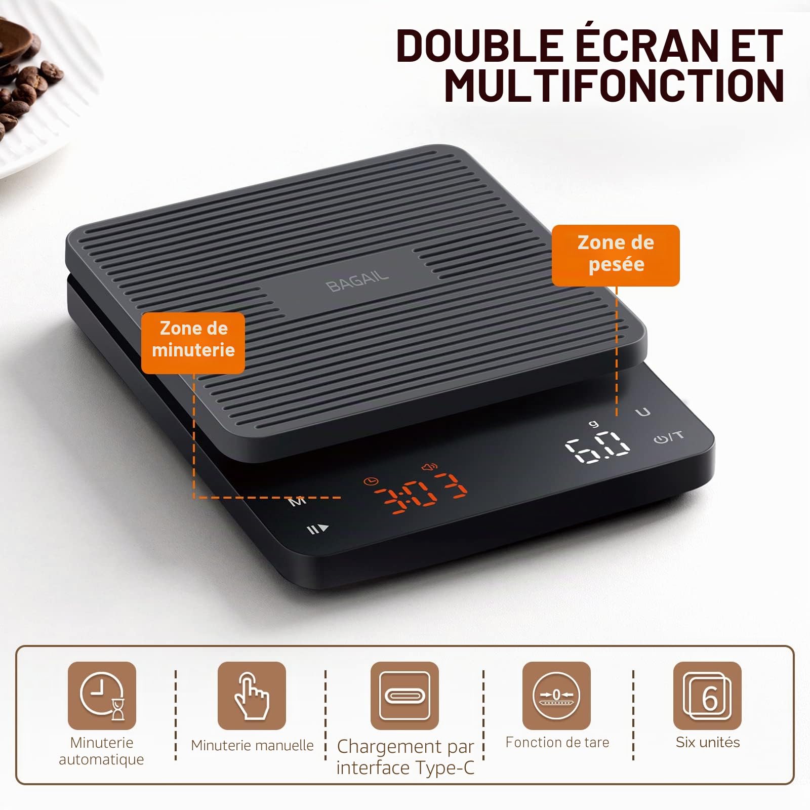 BAGAIL Balance Numérique à Café avec Minuterie, Précision 0.1g, Grand Écran, Tarage Automatique, Boutons Tactiles, Rechargeable pour Café Filtre, Poids Max 3kg
