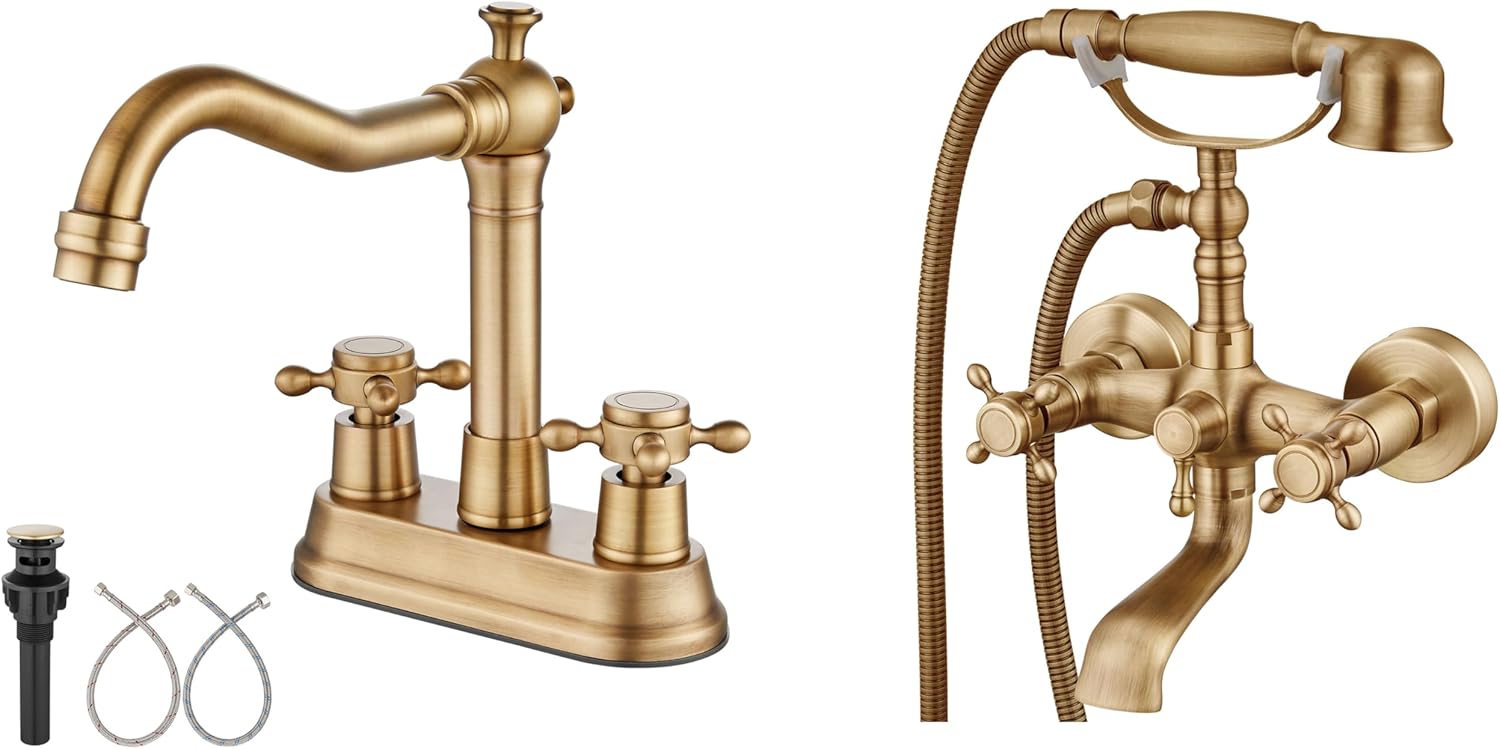 Aolemi Antique Brass 4 Inch Centerset Deck Mounted Bathroom Sink Faucet and Wall Mount Bathtub Faucet with Handheld Sprayer