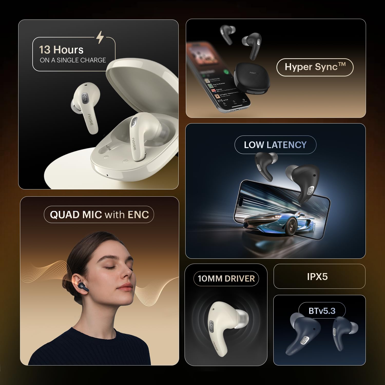 Noise Newly Launched Buds E1 V2 in-Ear Truly Wireless Earbuds with Pebble Grain Design, 35H of Playtime, Quad mic ENC,10mm Driver, Low Latency, BT v5.3 (Dune Beige) — Amazon image 4