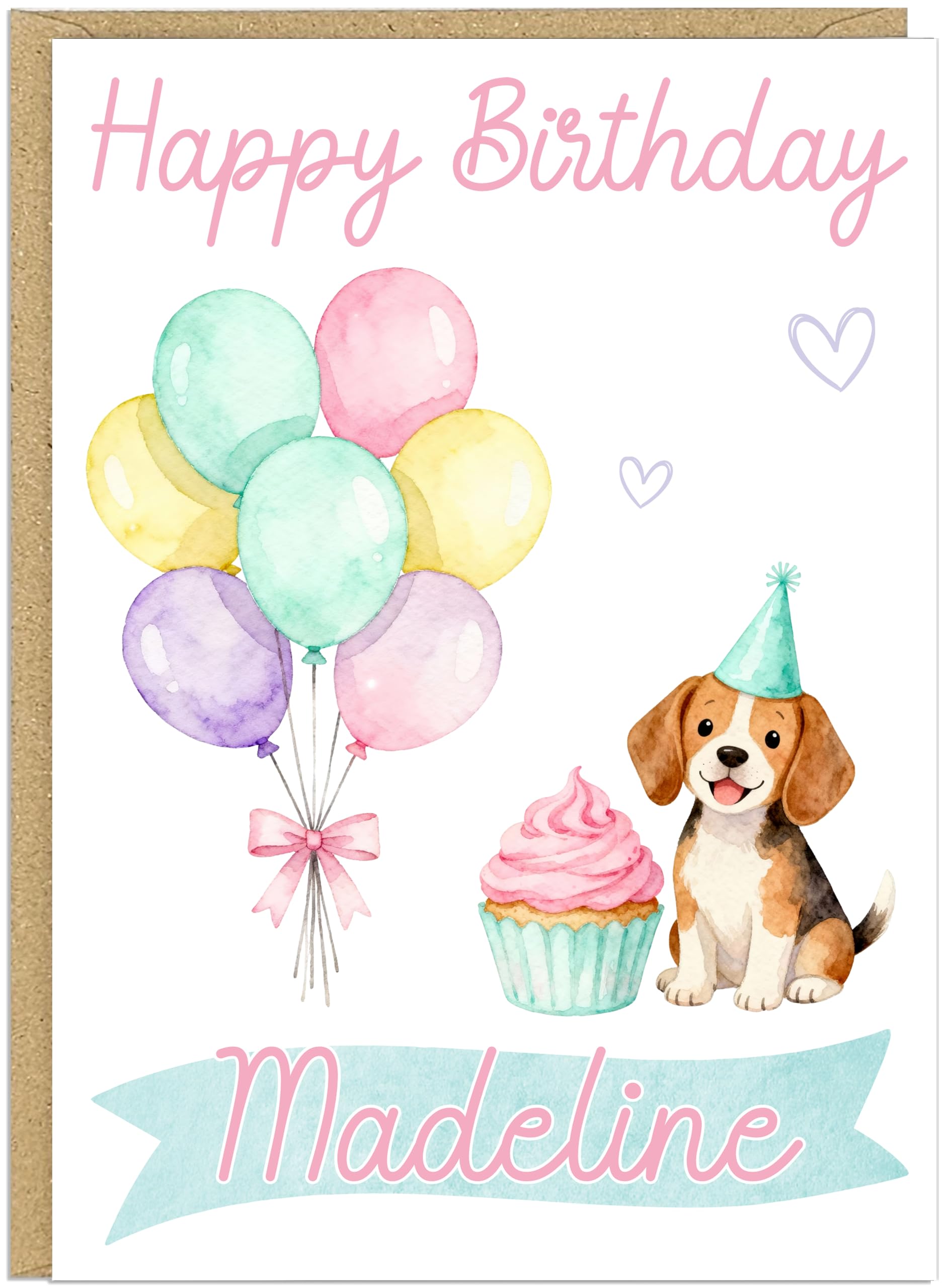 Personalised Happy Birthday Dog Breed Card - Custom Add Own Name Cute Puppy Dog Breed Design - Fun Pastel Puppy Birthday Greeting Cards for Girls Kids Teens Granddaughter (Beagle)