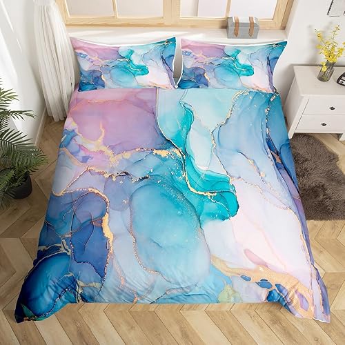 Miniatura 1 de Erosebridal Funda de edredón rosa azul dorada, juego de ropa de cama de mármol colorido para jóvenes, funda de edredón con textura de mármol con