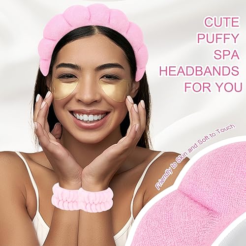 Miniatura 4 de ACO-UINT Juego de 6 diademas de spa y muñequeras, diademas para el cuidado de la piel, diadema de maquillaje, diadema de esponja para lavar la cara,
