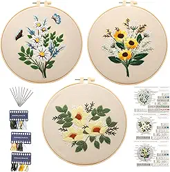 Kit de bordado para iniciantes, kits de ponto cruz para adultos, artesanato, 3 peças, padrão de bordado, tecido de bordado, linha e agulhas, 1 argola de bordado, kit de costura para adultos