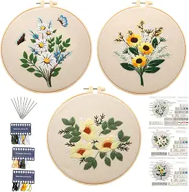 Kit de bordado para iniciantes, kits de ponto cruz para adultos, artesanato, 3 peças, padrão de bordado, tecido de bordado, linha e agulhas, 1 argola de bordado, kit de costura para adultos